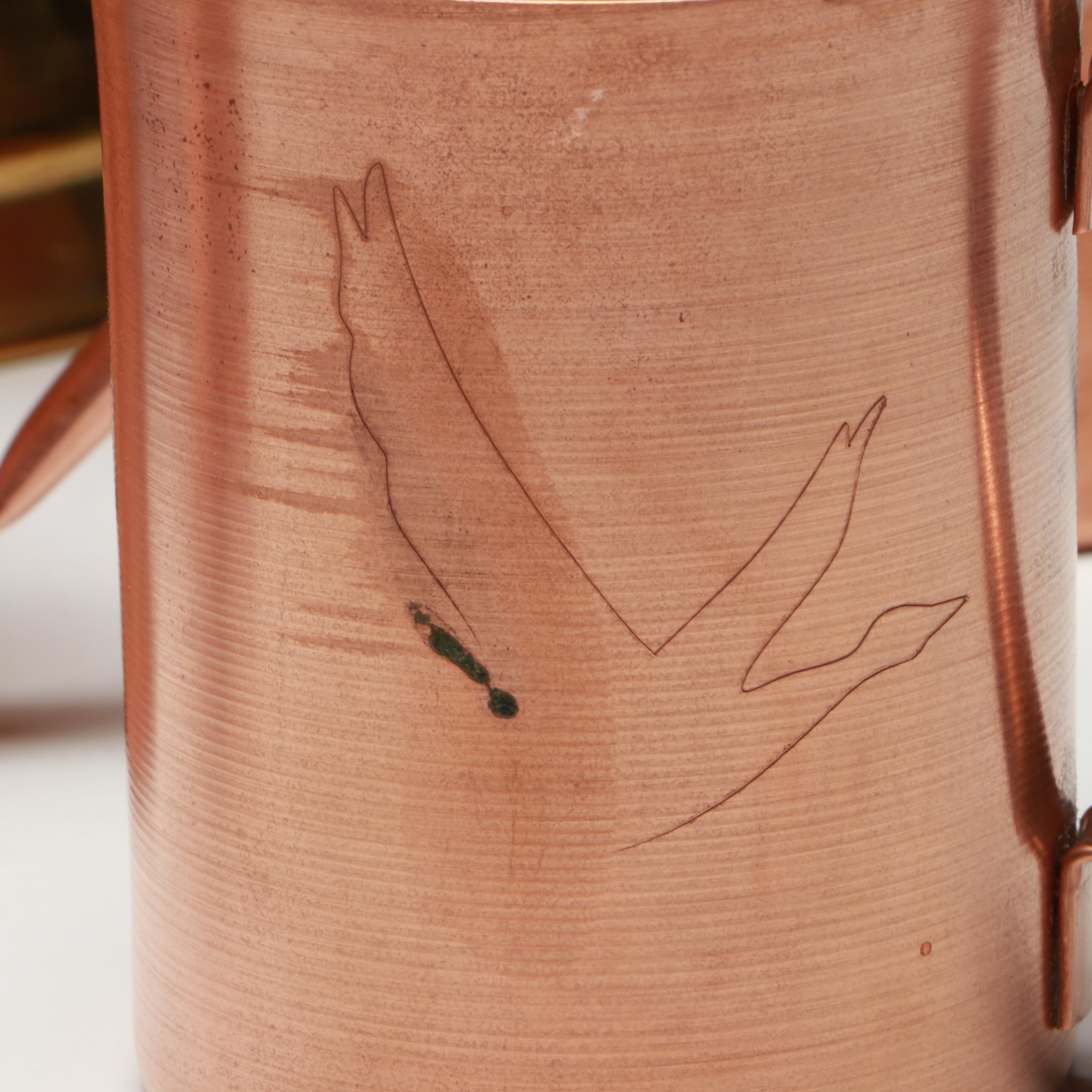 Copper and Brass Lion Head Coal Scuttle with Copper Mugs and Colander
