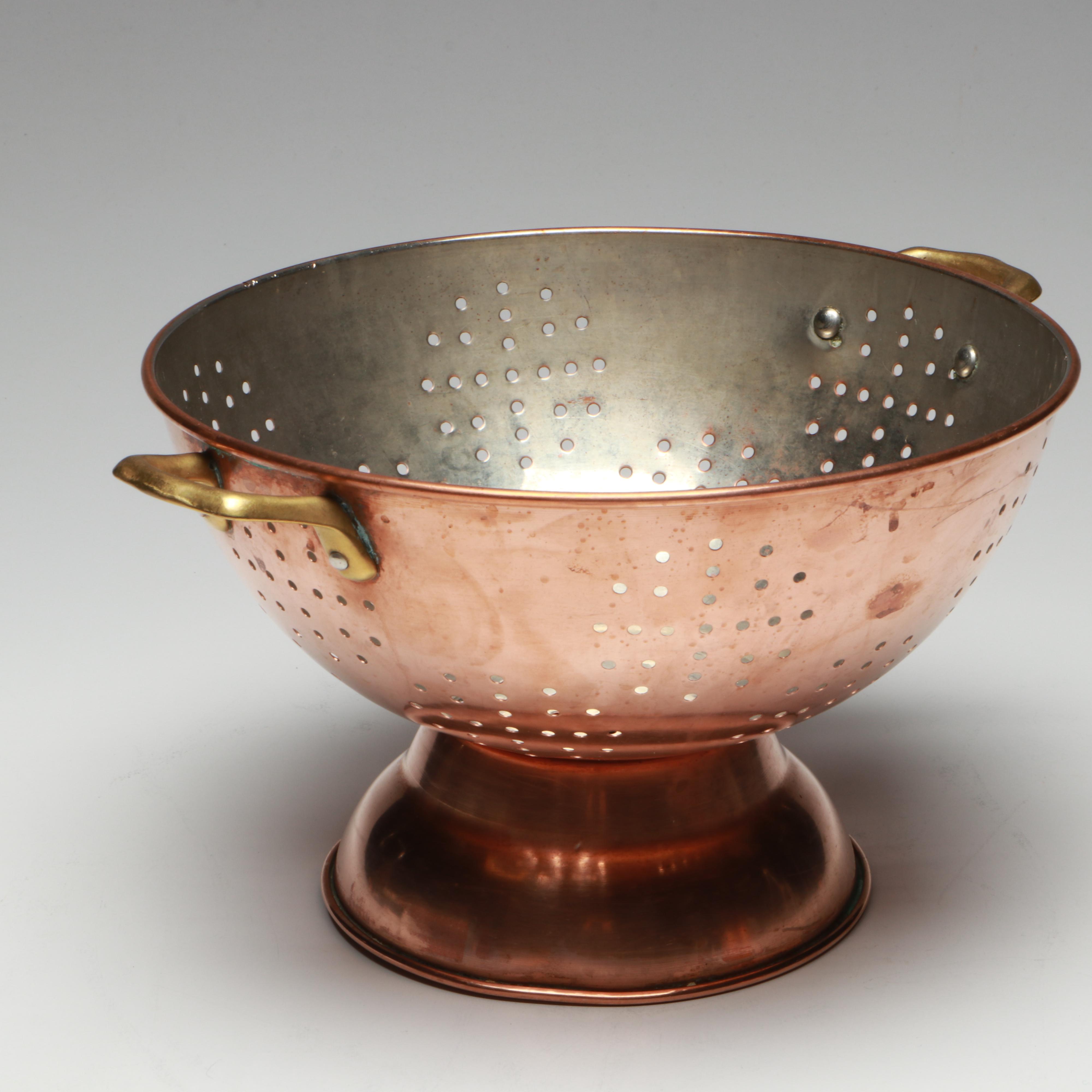 Copper and Brass Lion Head Coal Scuttle with Copper Mugs and Colander