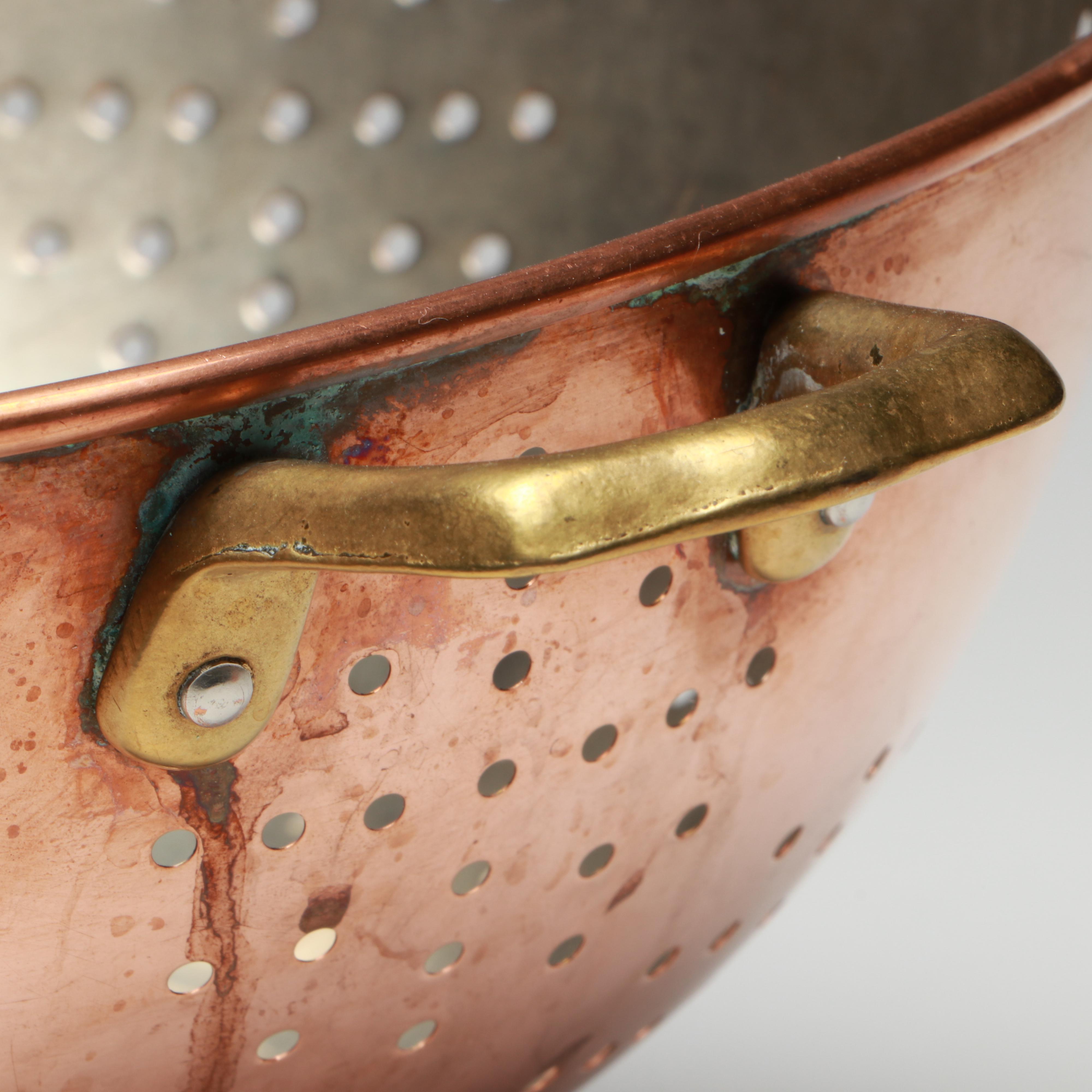 Copper and Brass Lion Head Coal Scuttle with Copper Mugs and Colander