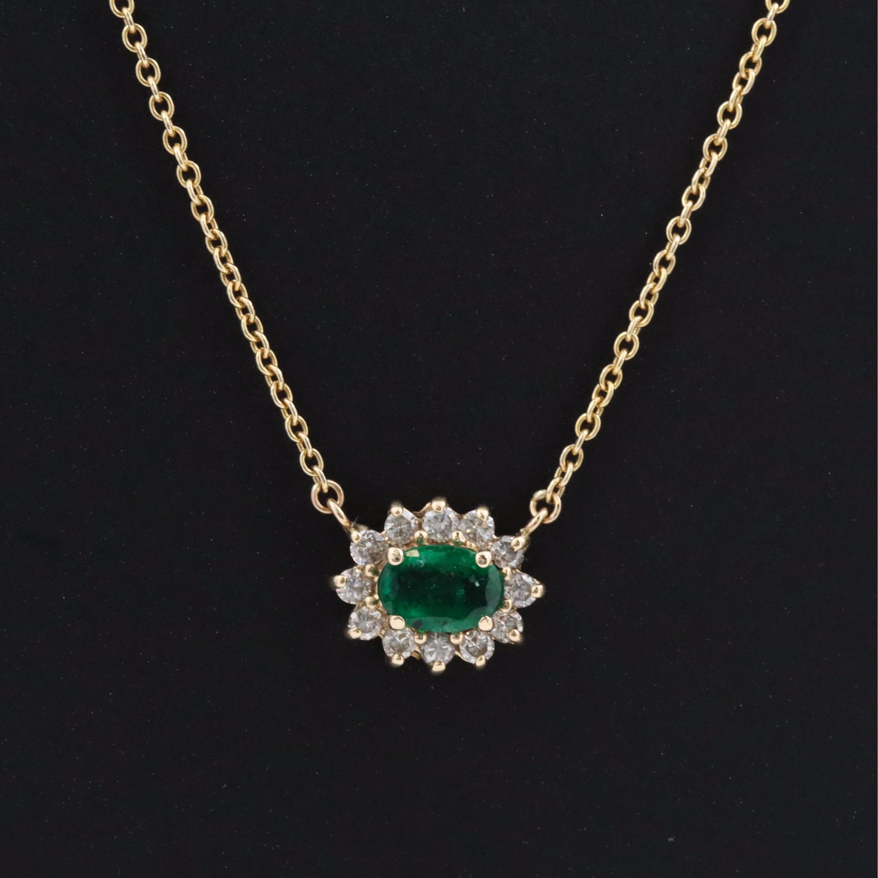 14K Emerald and Diamond Halo East-West Pendant Necklace