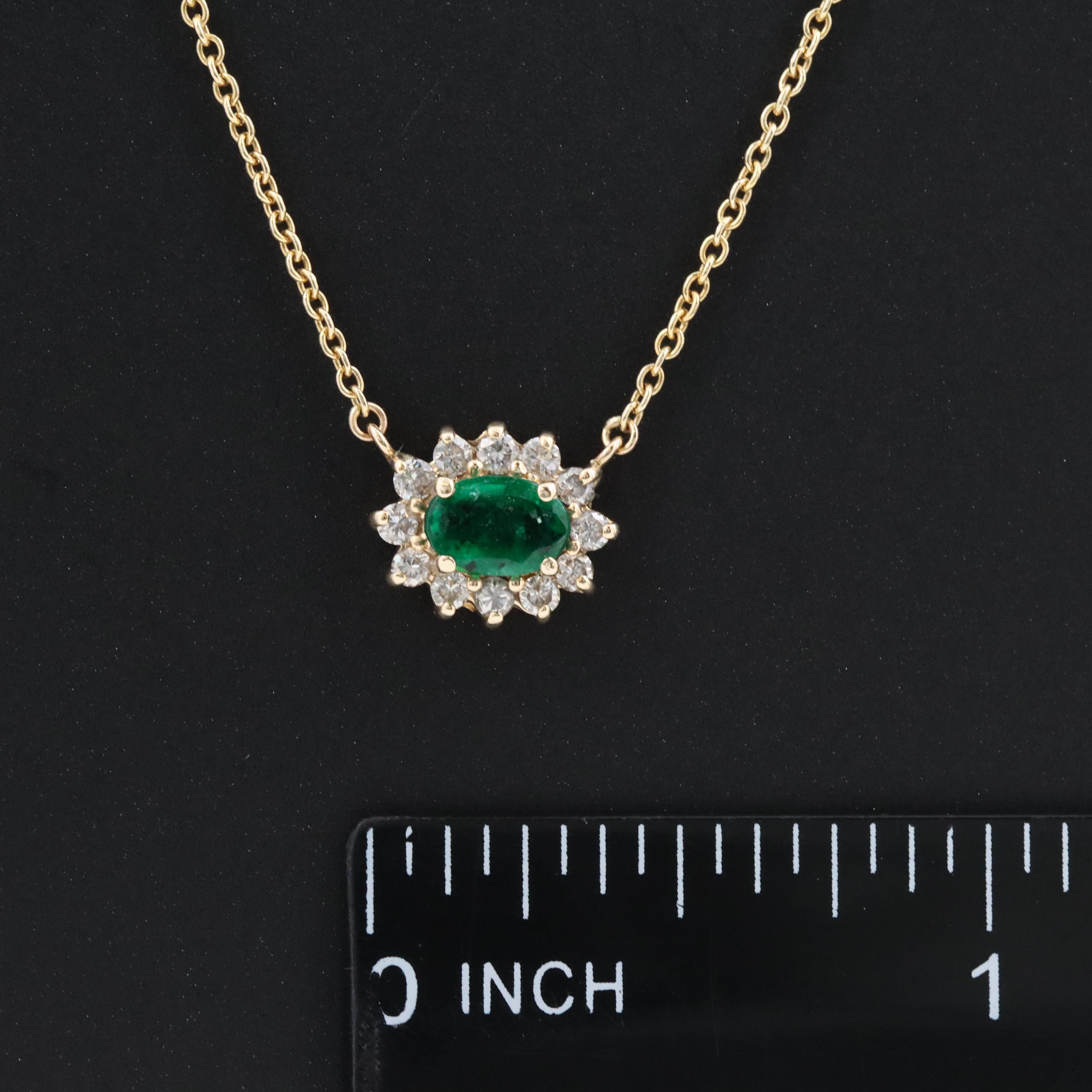 14K Emerald and Diamond Halo East-West Pendant Necklace