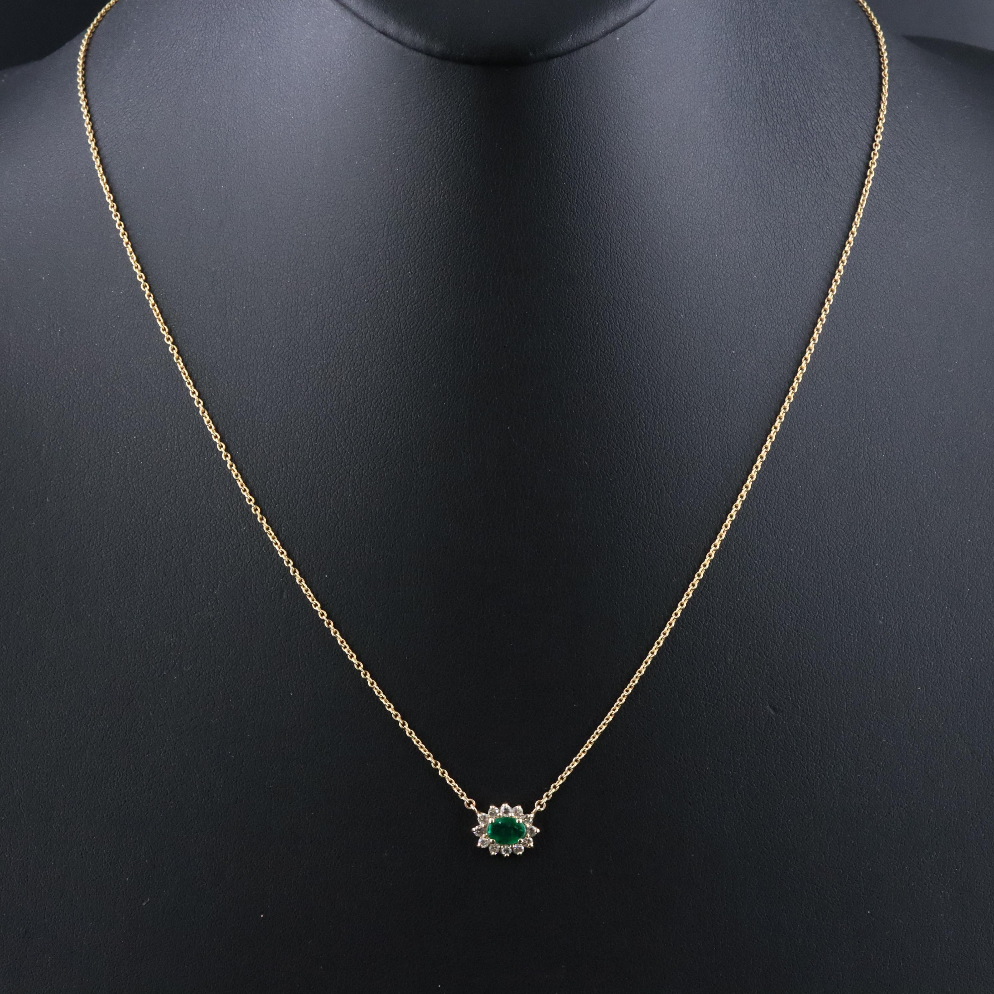 14K Emerald and Diamond Halo East-West Pendant Necklace