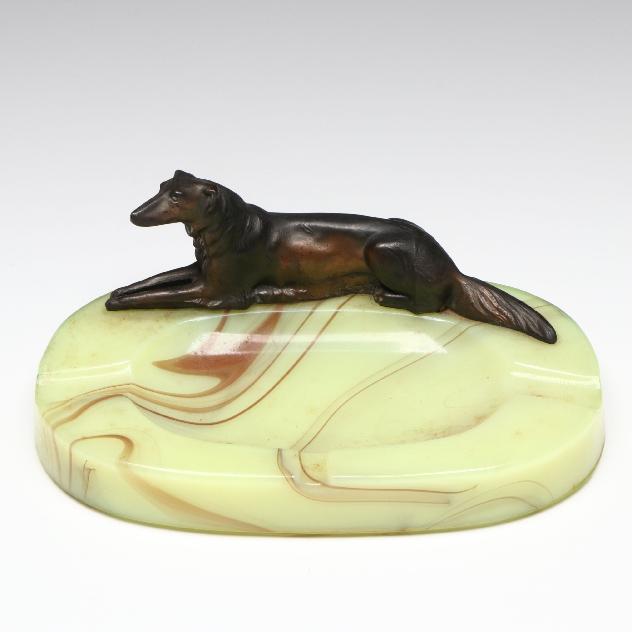 Art Deco Style Custard Slag Glass Ashtray with Spelter Borzoi Hound