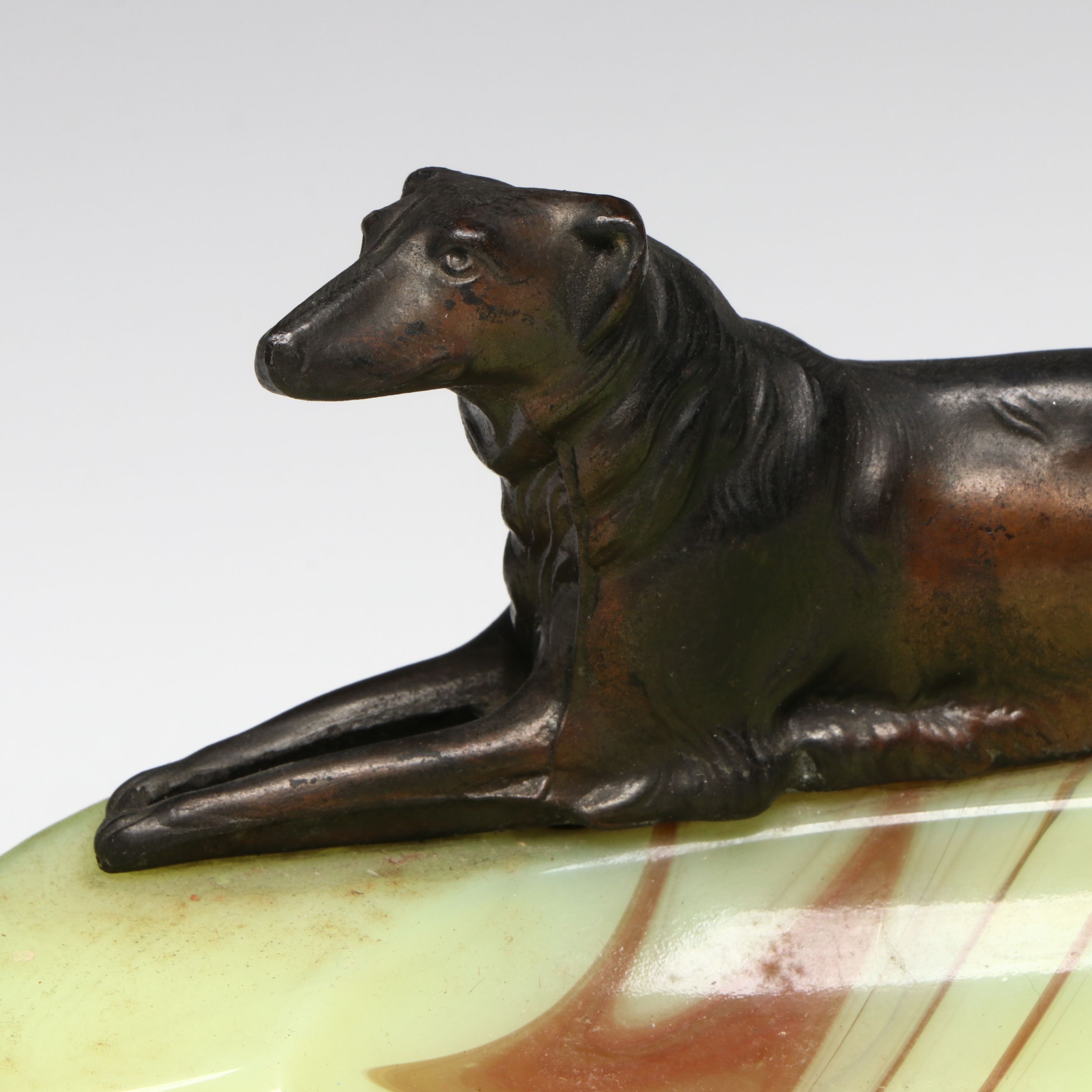 Art Deco Style Custard Slag Glass Ashtray with Spelter Borzoi Hound