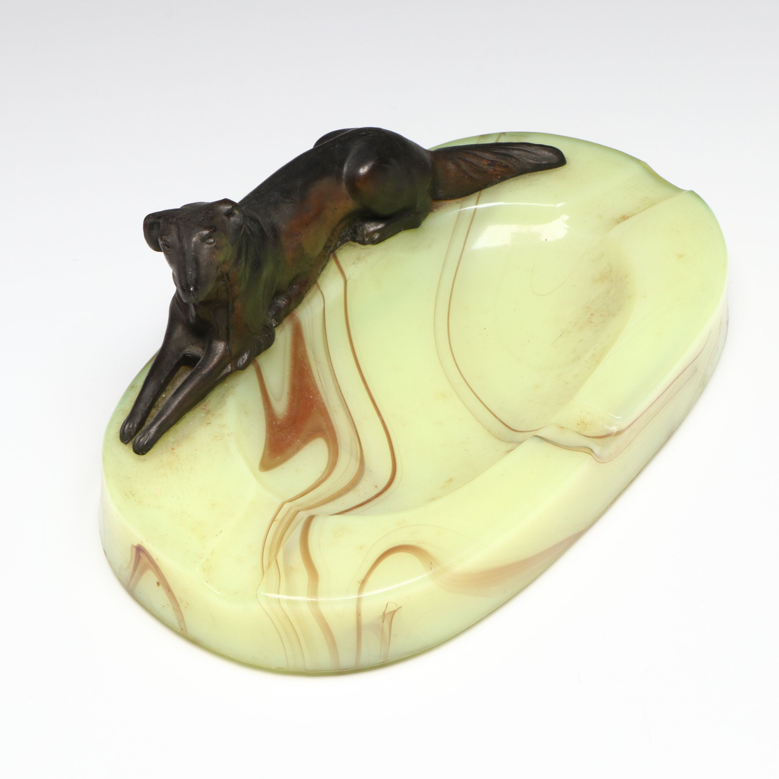 Art Deco Style Custard Slag Glass Ashtray with Spelter Borzoi Hound