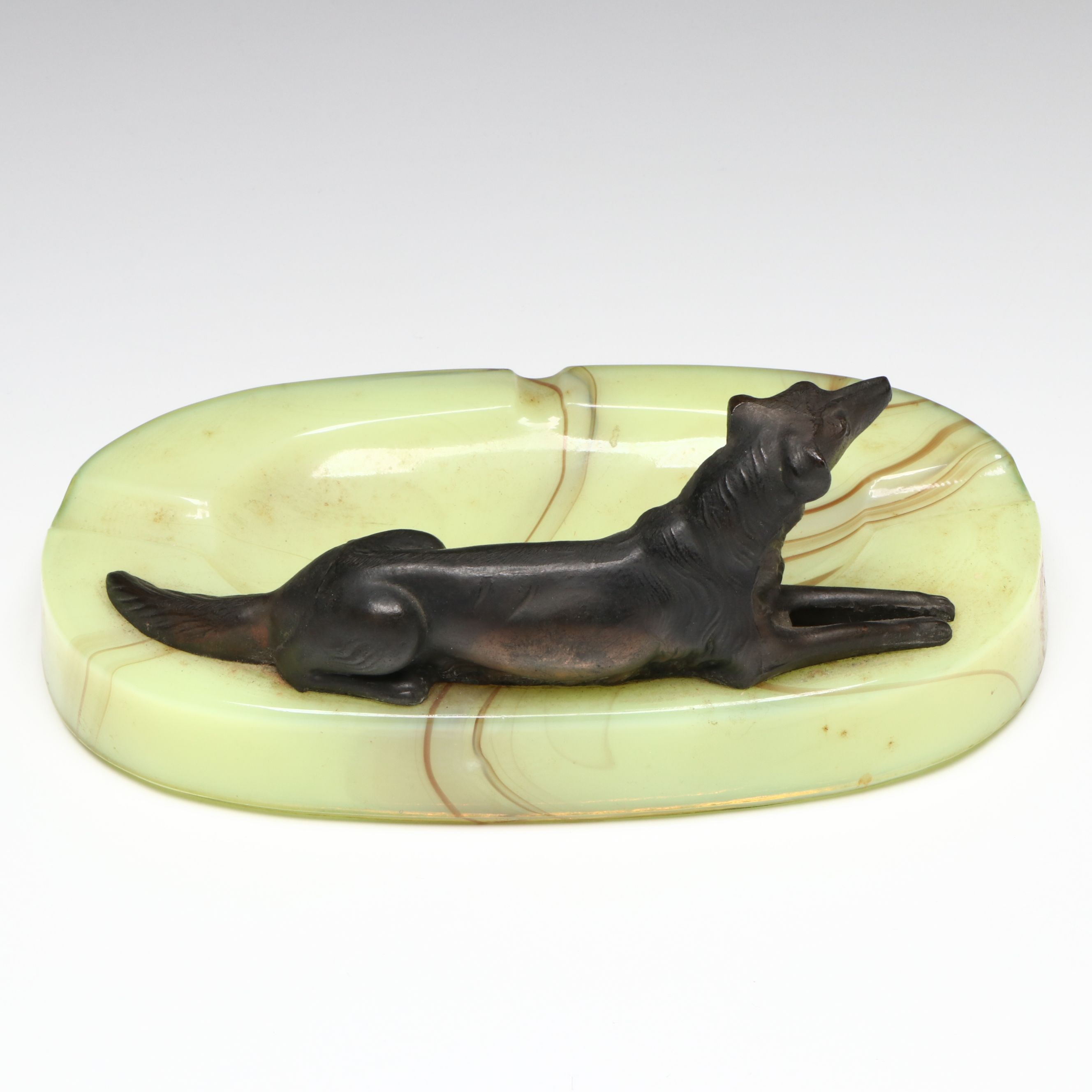 Art Deco Style Custard Slag Glass Ashtray with Spelter Borzoi Hound