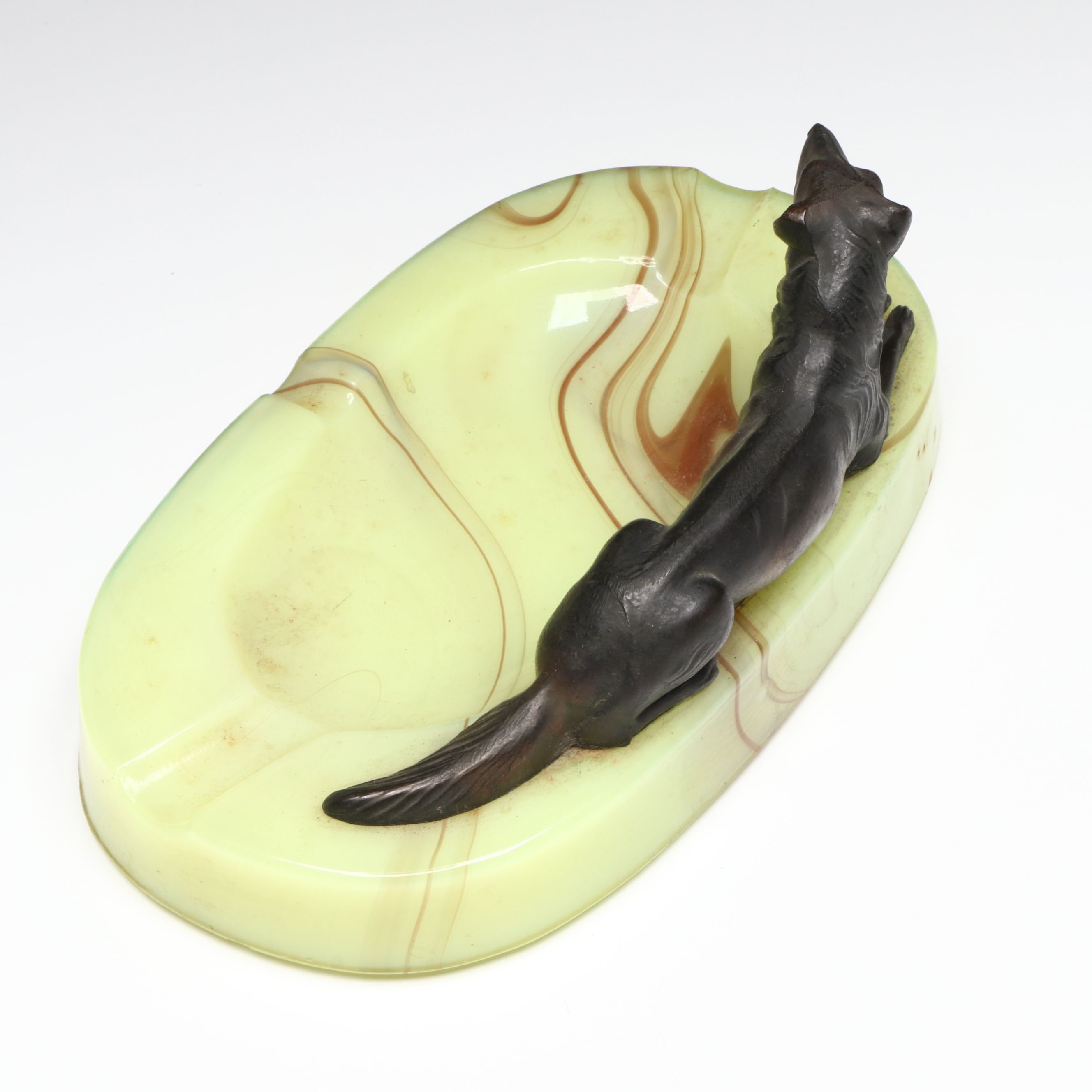 Art Deco Style Custard Slag Glass Ashtray with Spelter Borzoi Hound