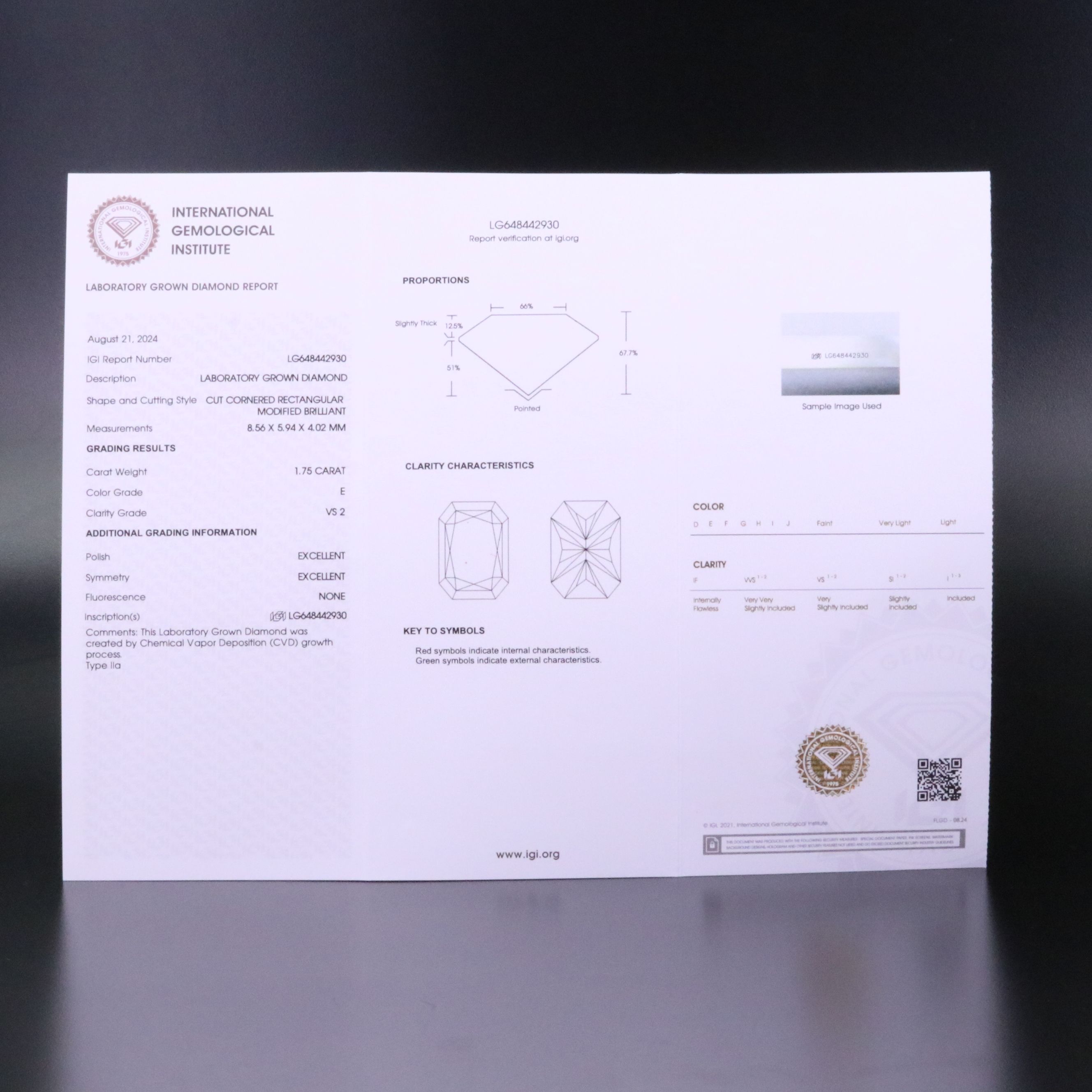 Loose 1.75 CT Lab Grown Diamond with IGI Report