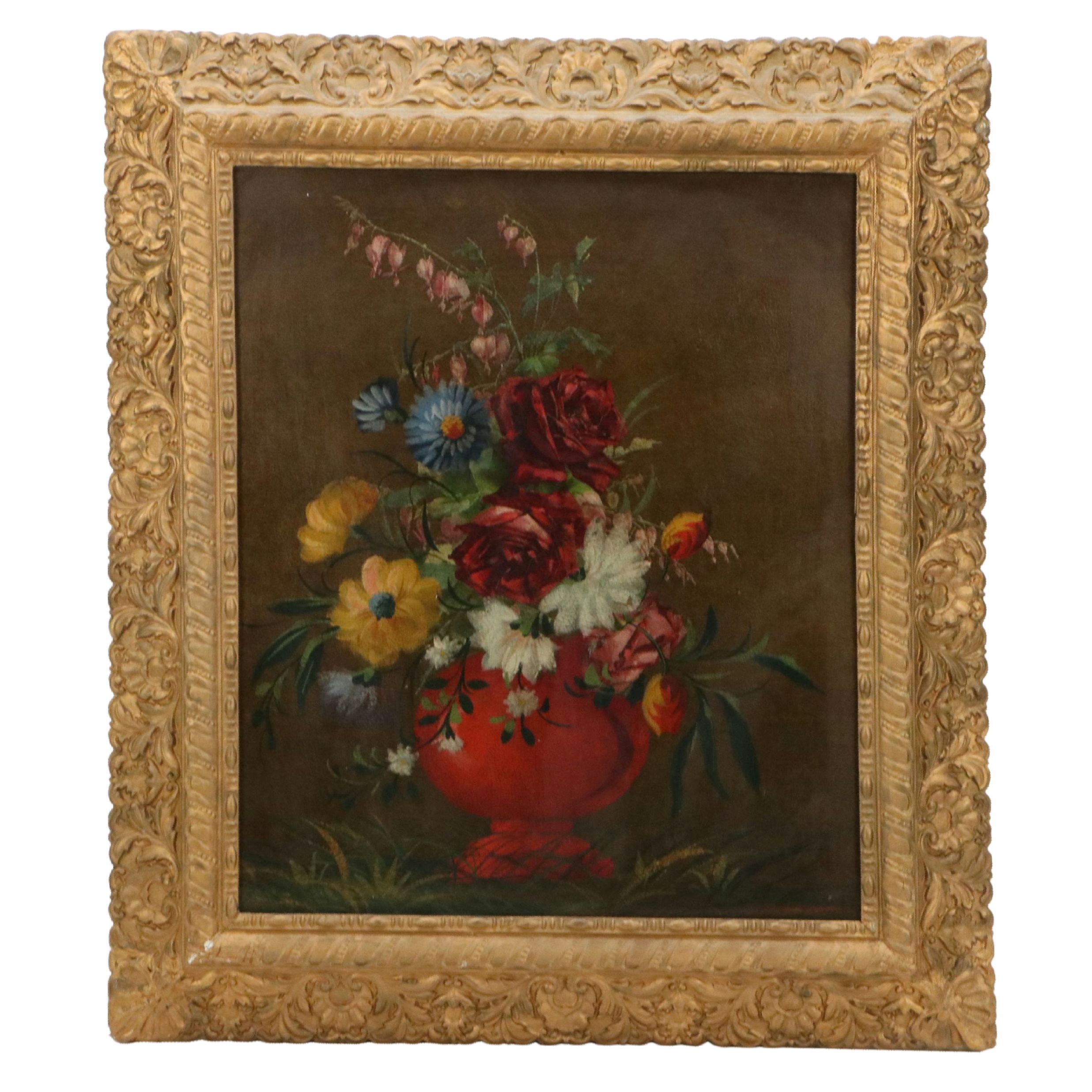 Oil Painting of Bouquet in Red Vase, Mid-20th Century