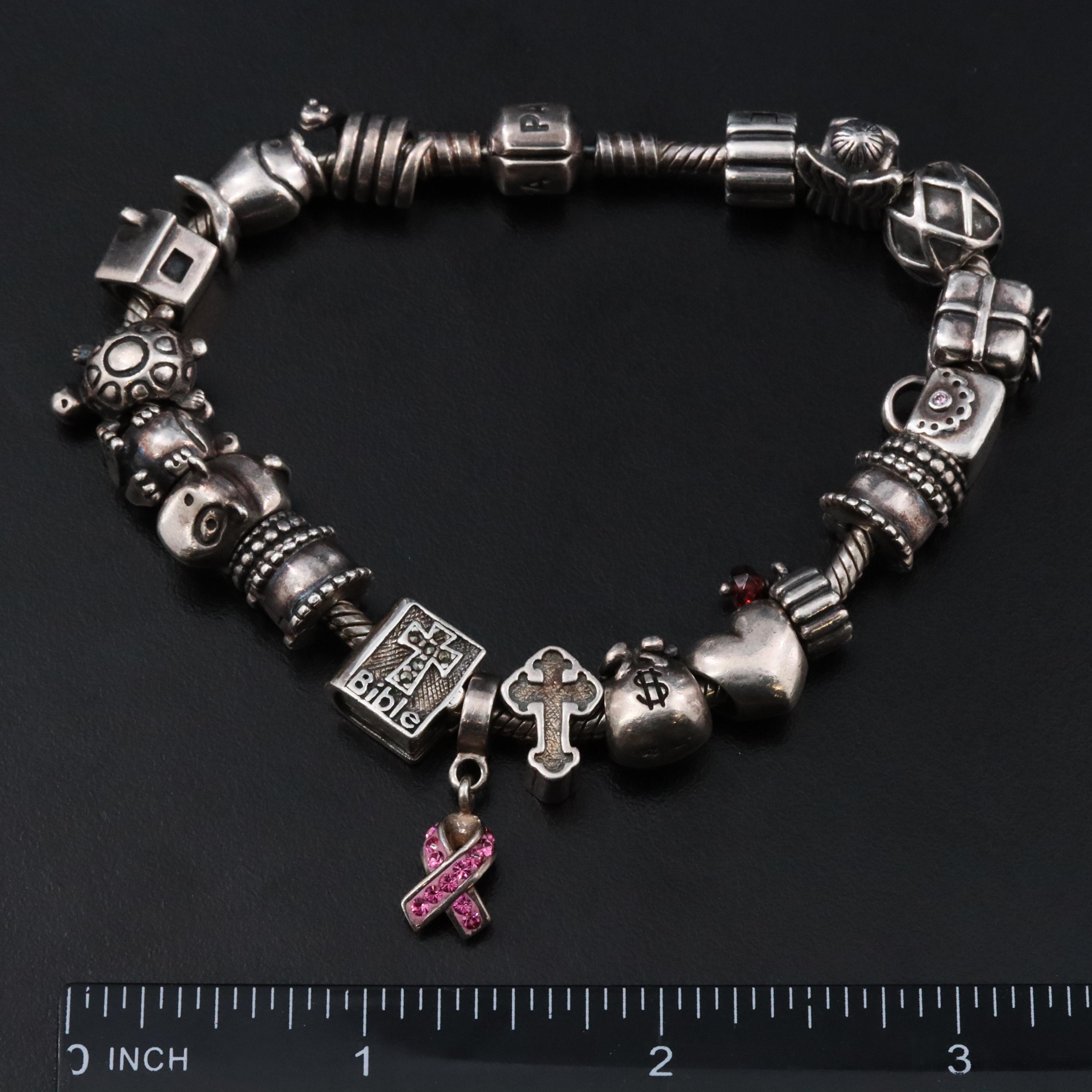 Pandora Sterling Bracelets with Bead Charms Including Marcasite, Garnet and CZ