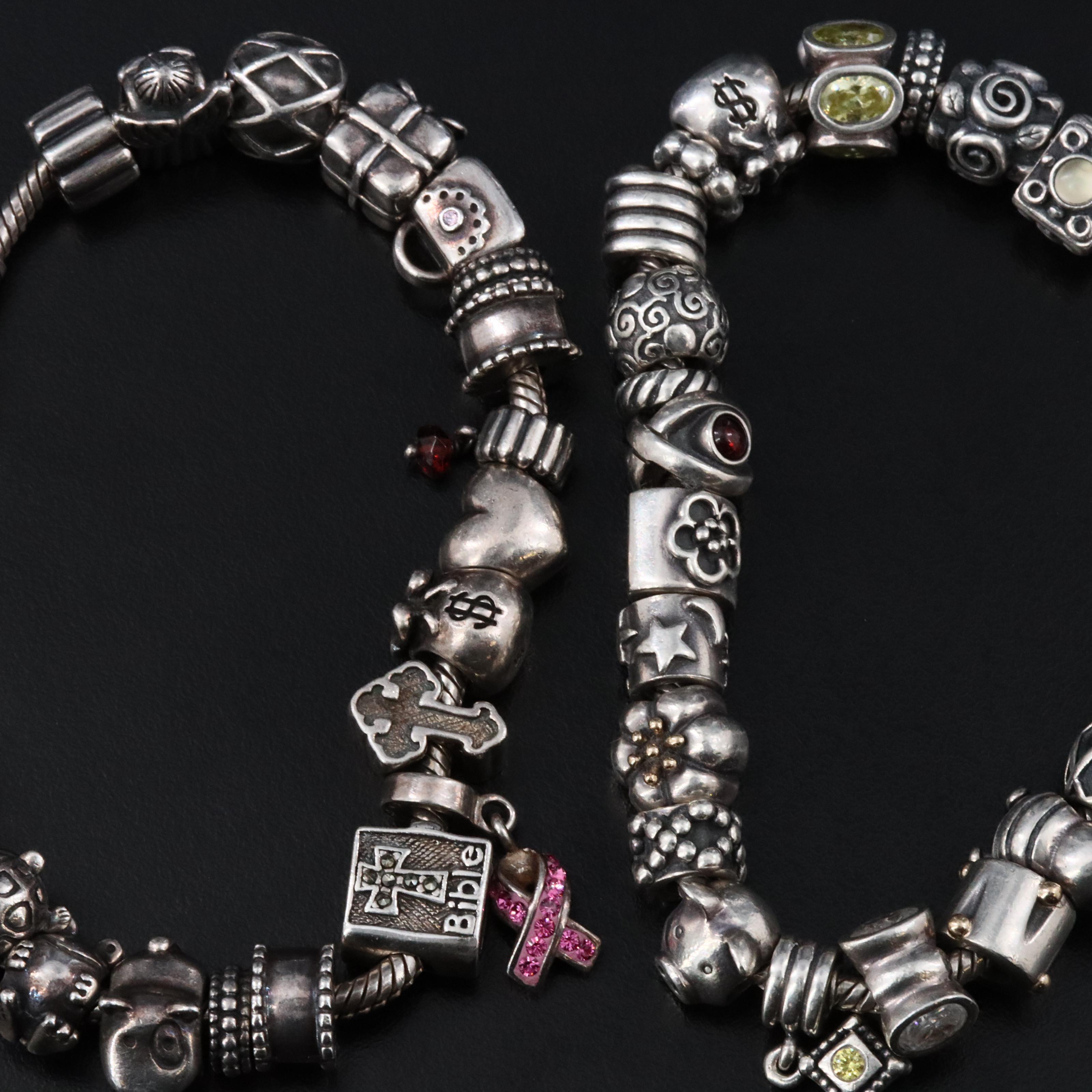 Pandora Sterling Bracelets with Bead Charms Including Marcasite, Garnet and CZ