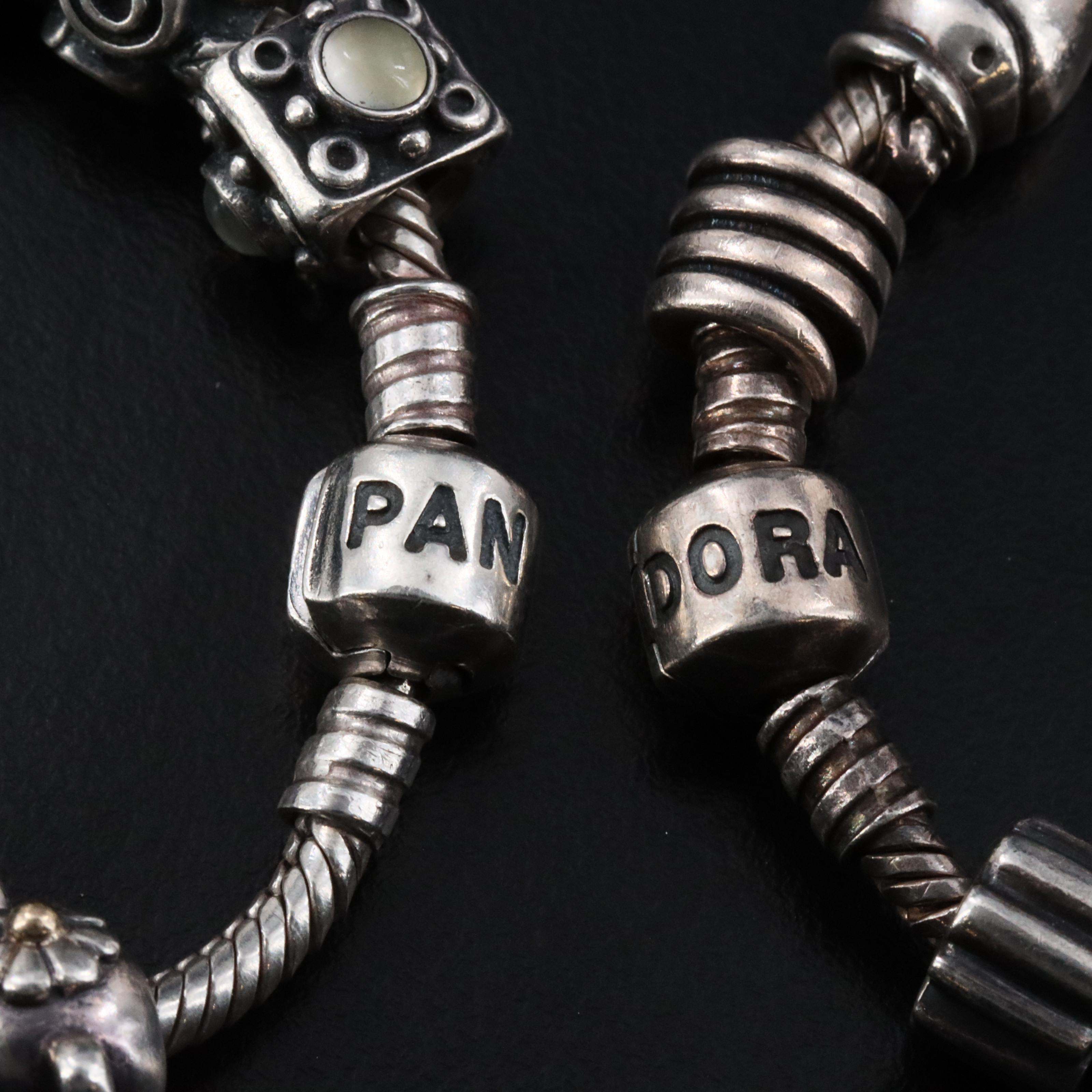 Pandora Sterling Bracelets with Bead Charms Including Marcasite, Garnet and CZ