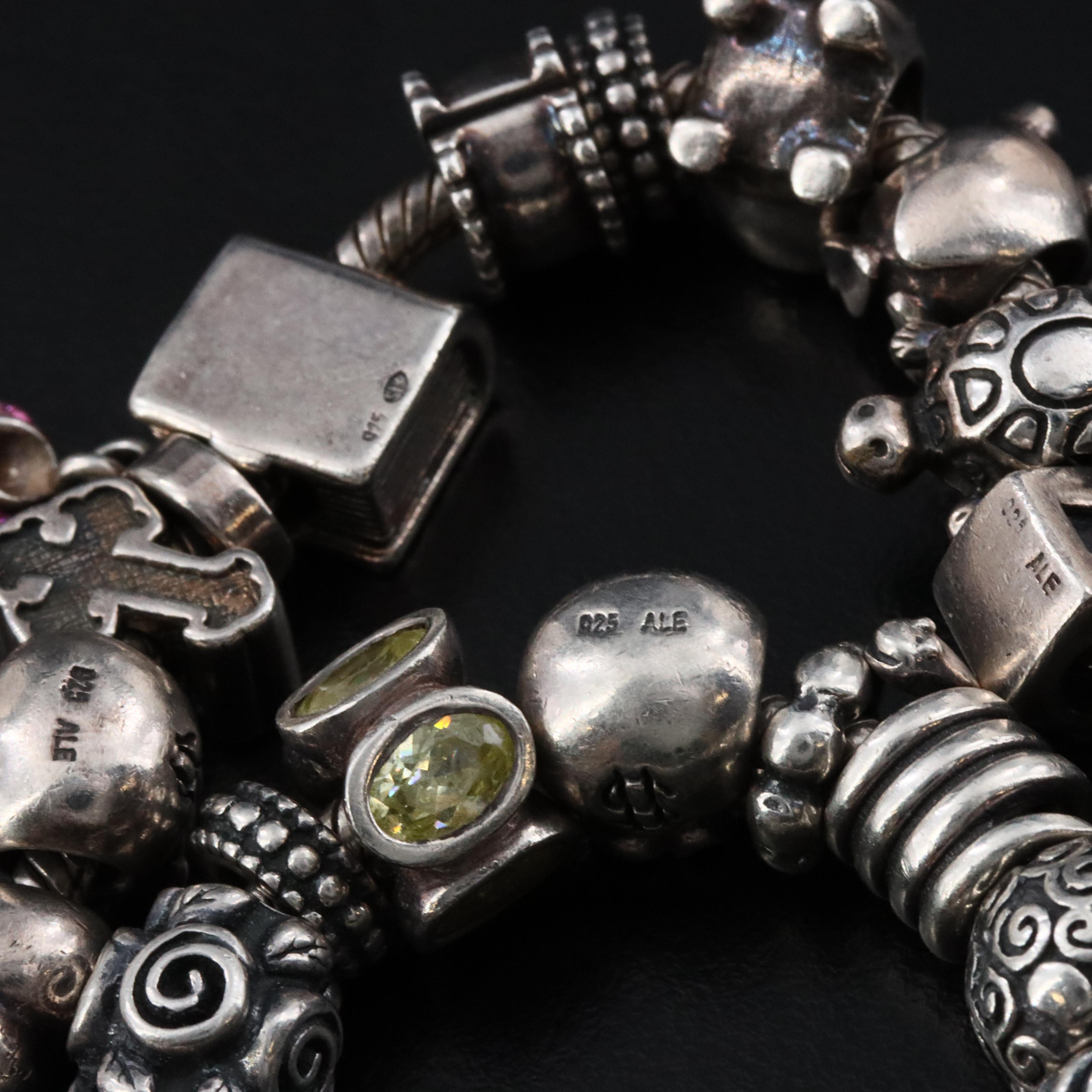 Pandora Sterling Bracelets with Bead Charms Including Marcasite, Garnet and CZ