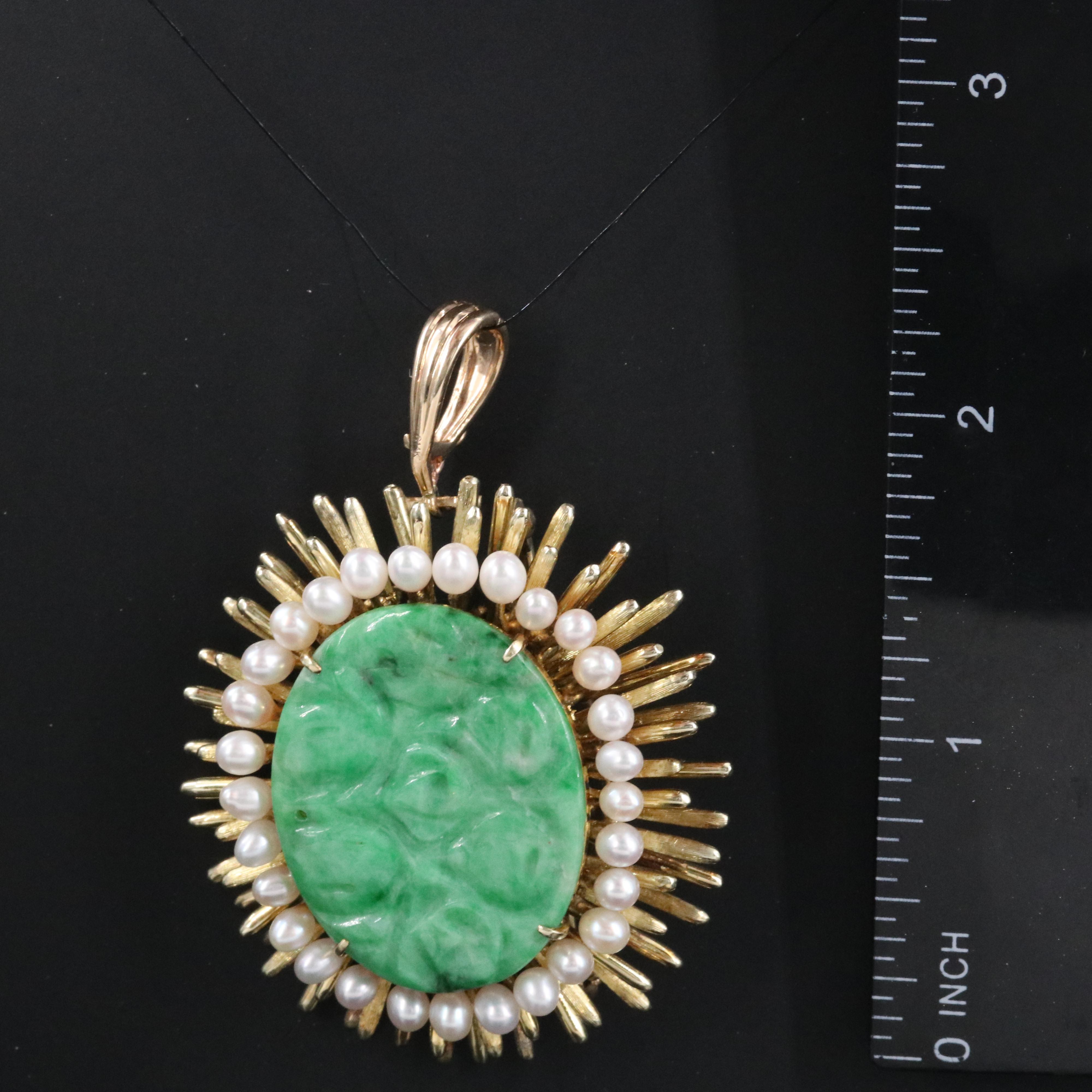 14K Jadeite and Pearl Sun Burst Converter Brooch