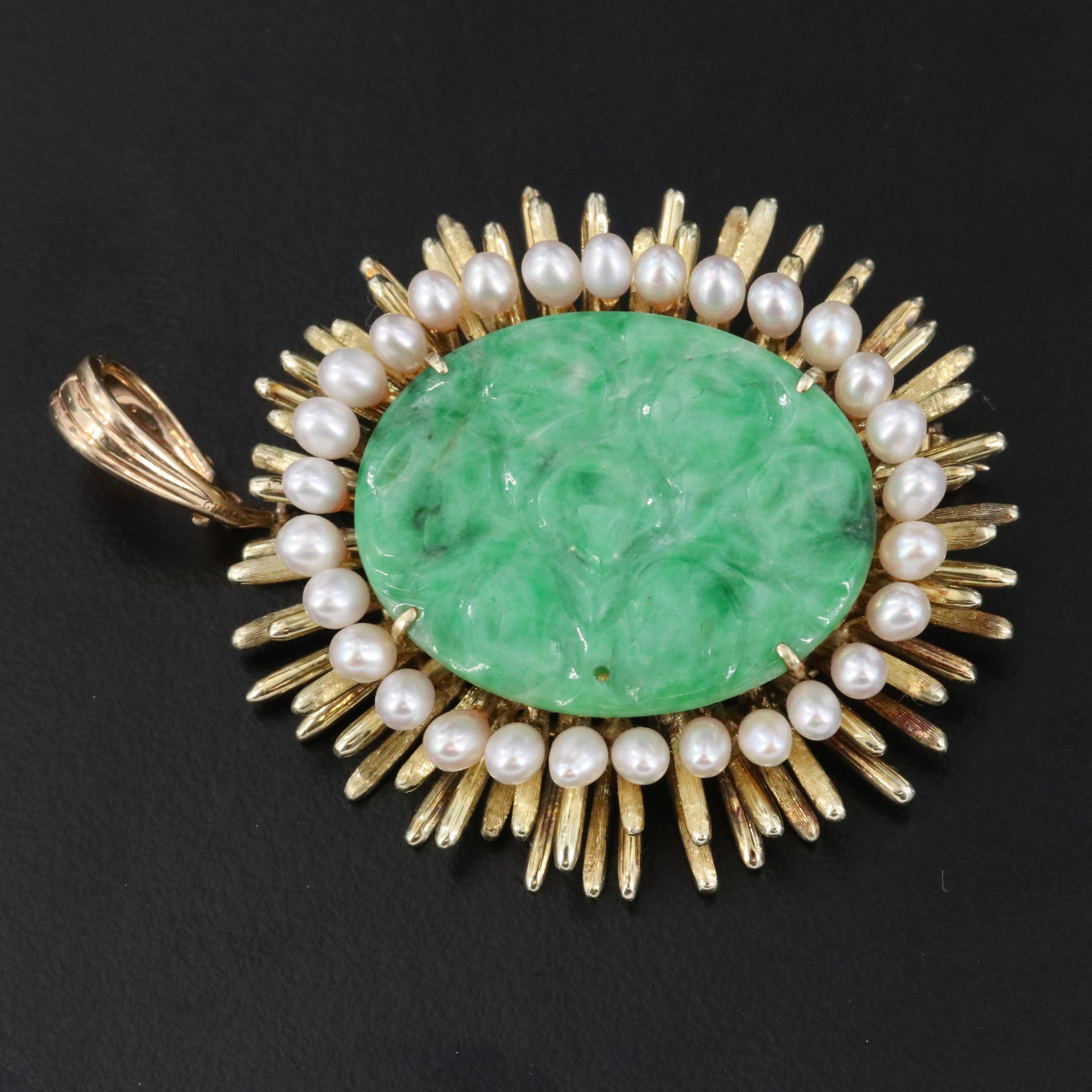 14K Jadeite and Pearl Sun Burst Converter Brooch