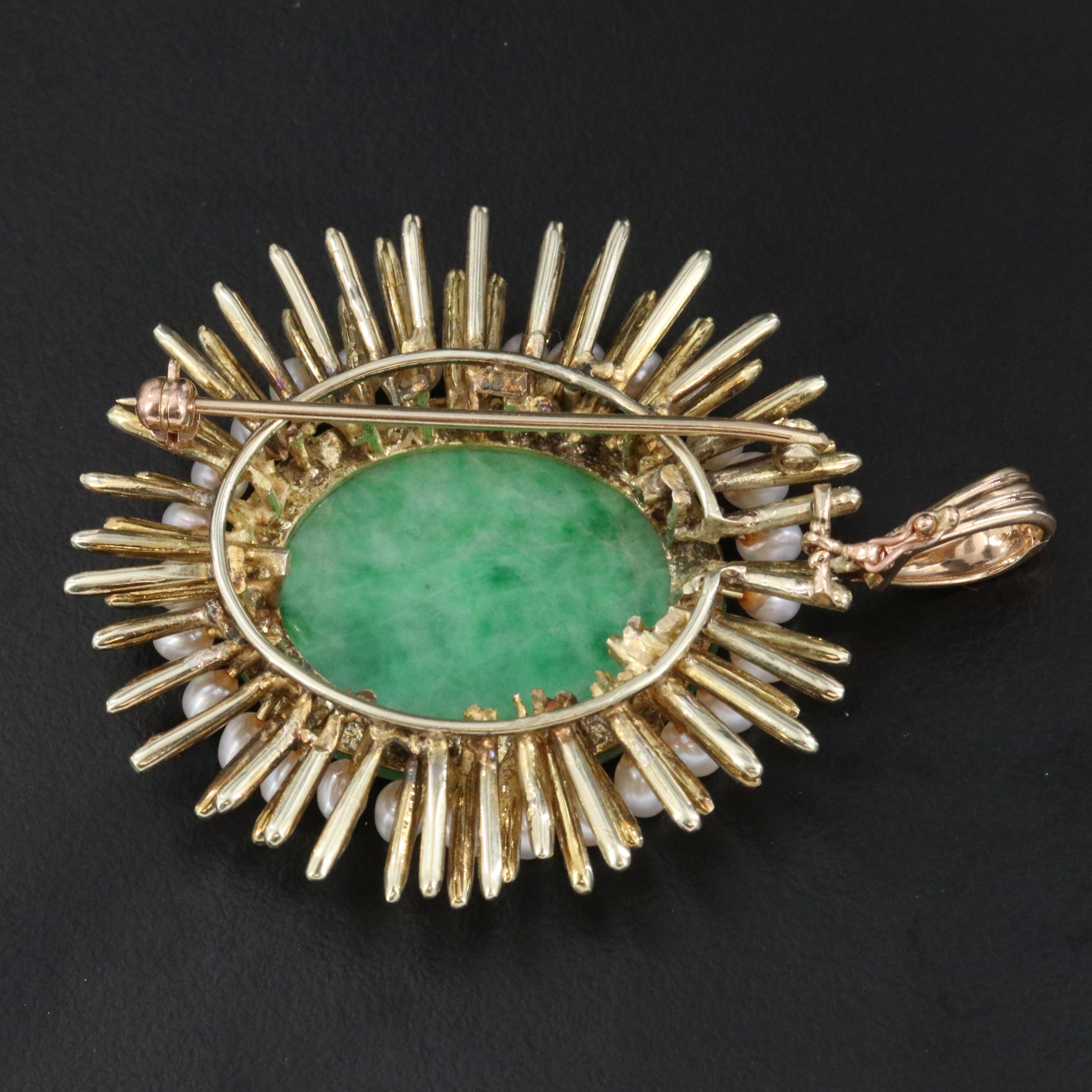 14K Jadeite and Pearl Sun Burst Converter Brooch