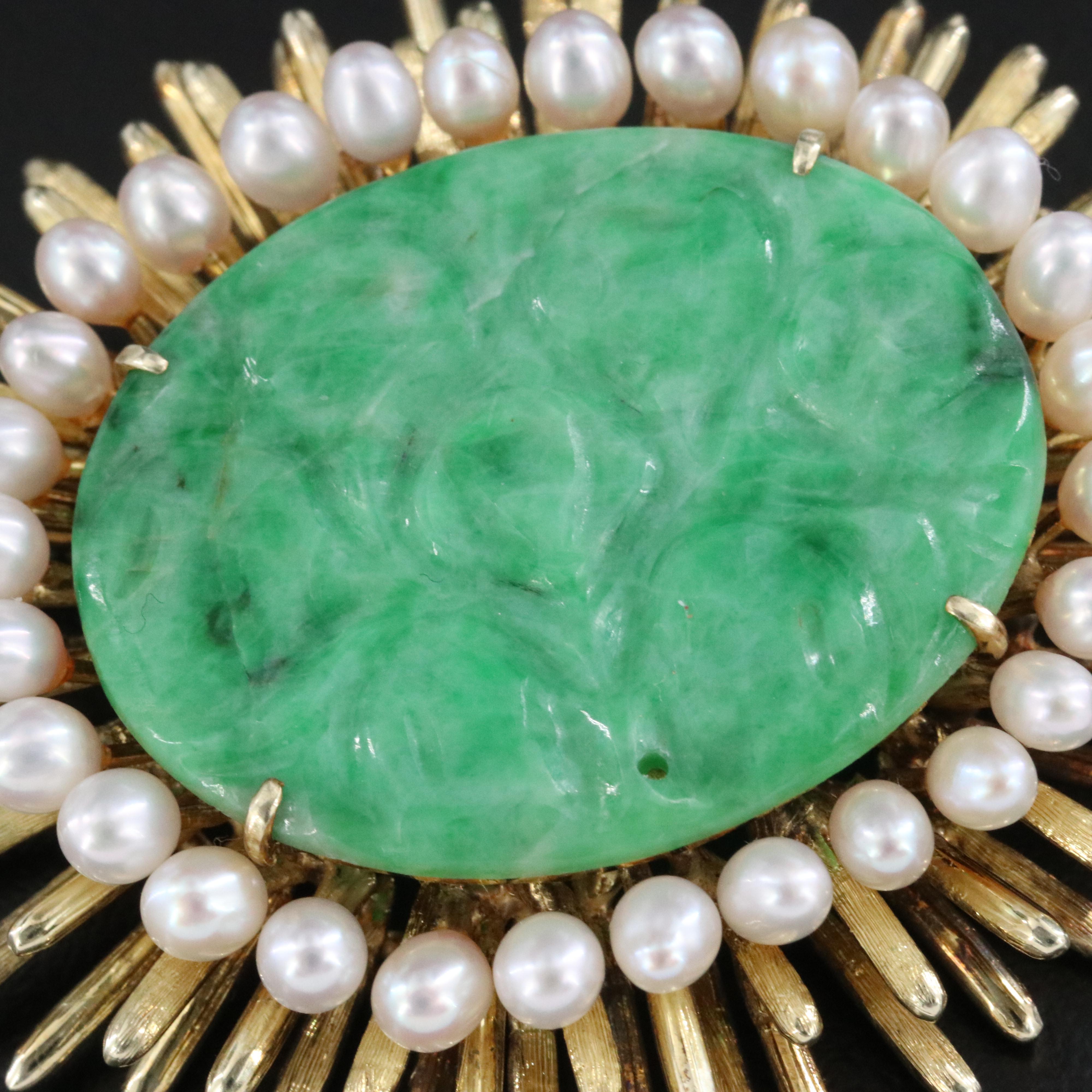 14K Jadeite and Pearl Sun Burst Converter Brooch