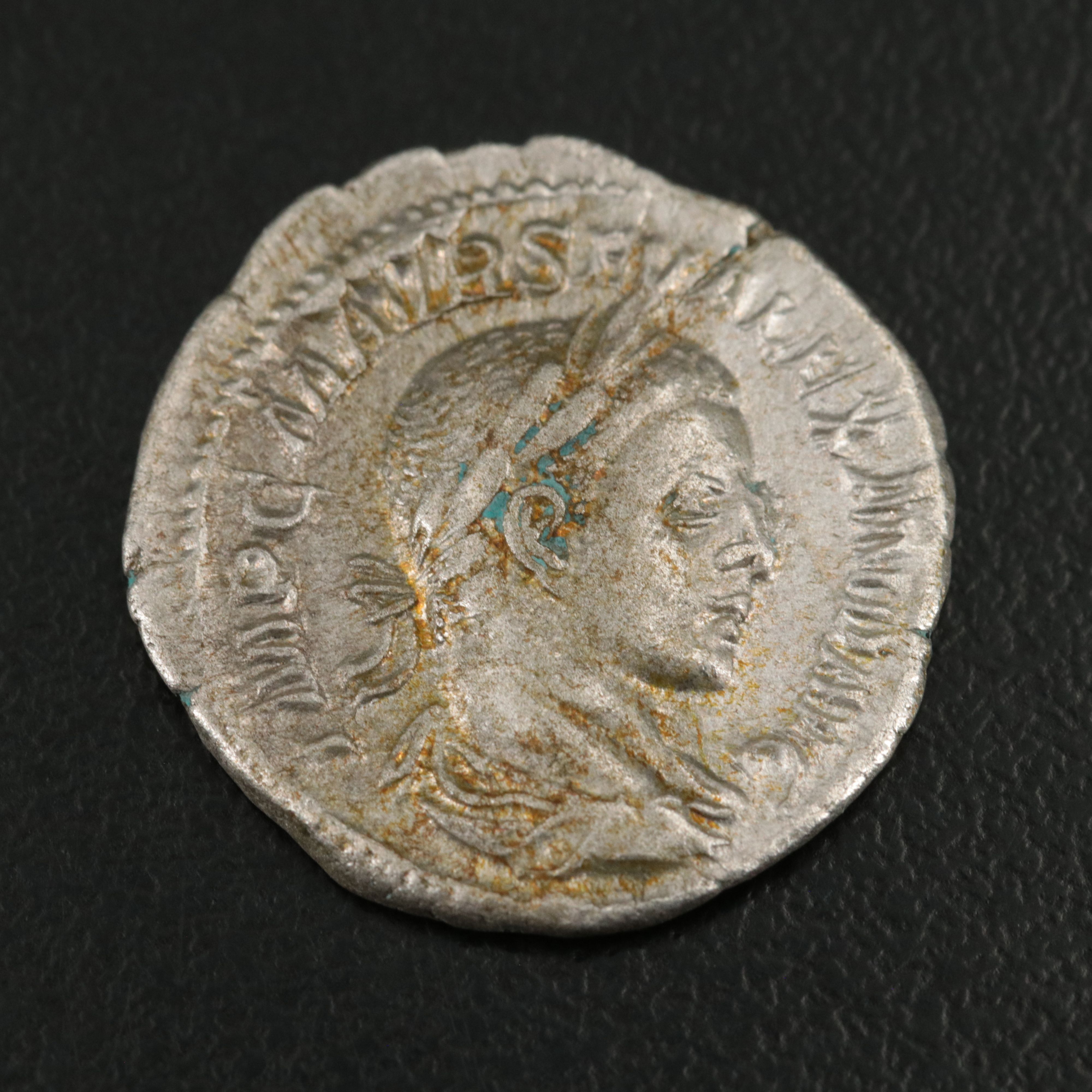 Ancient Roman Imperial AR Denarius Coin of Severus Alexander, ca. 224 A.D.