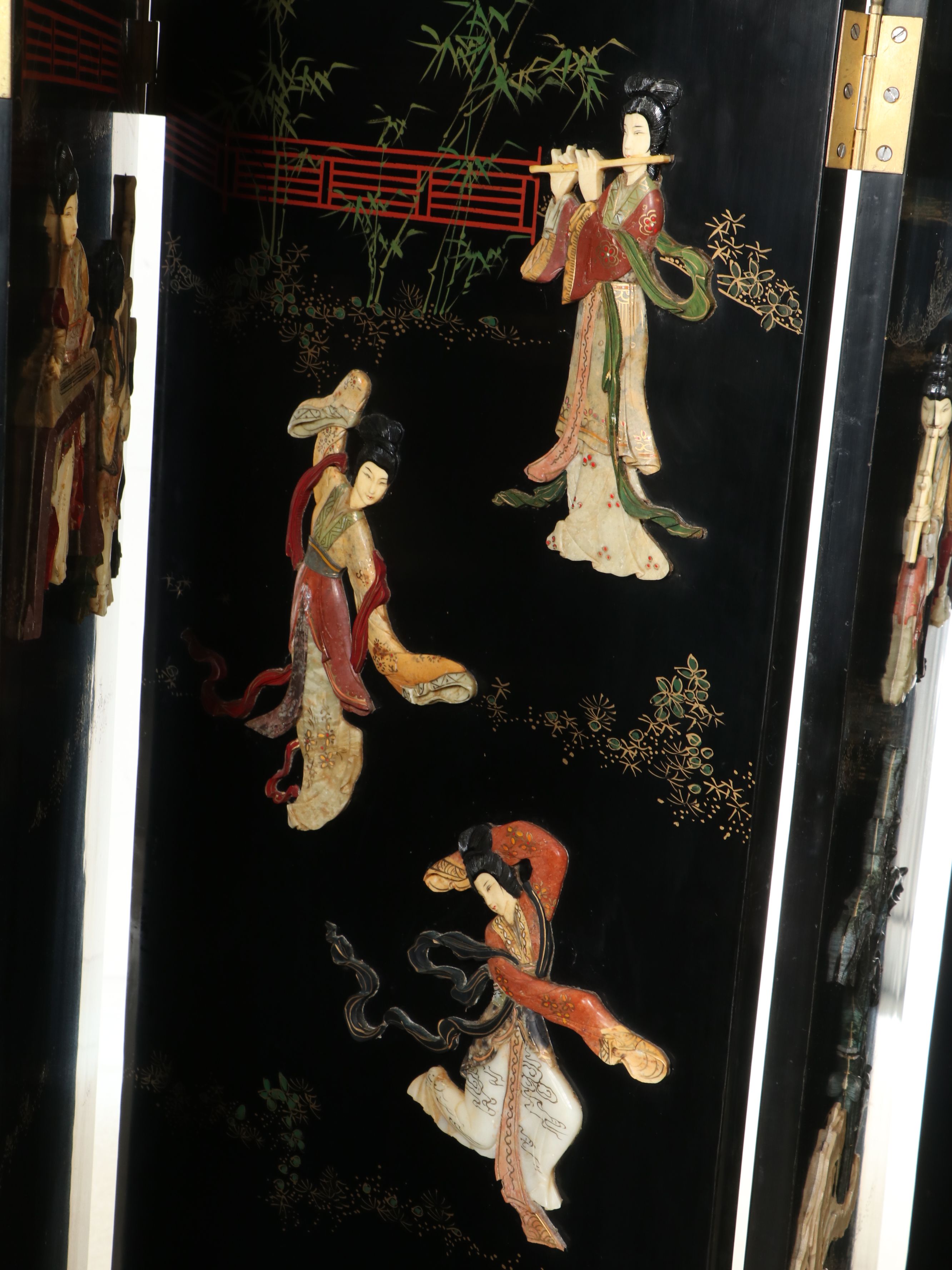 Chinese Lacquered Room Divider, Hand-Painted and Applied Stone Genre Scenes