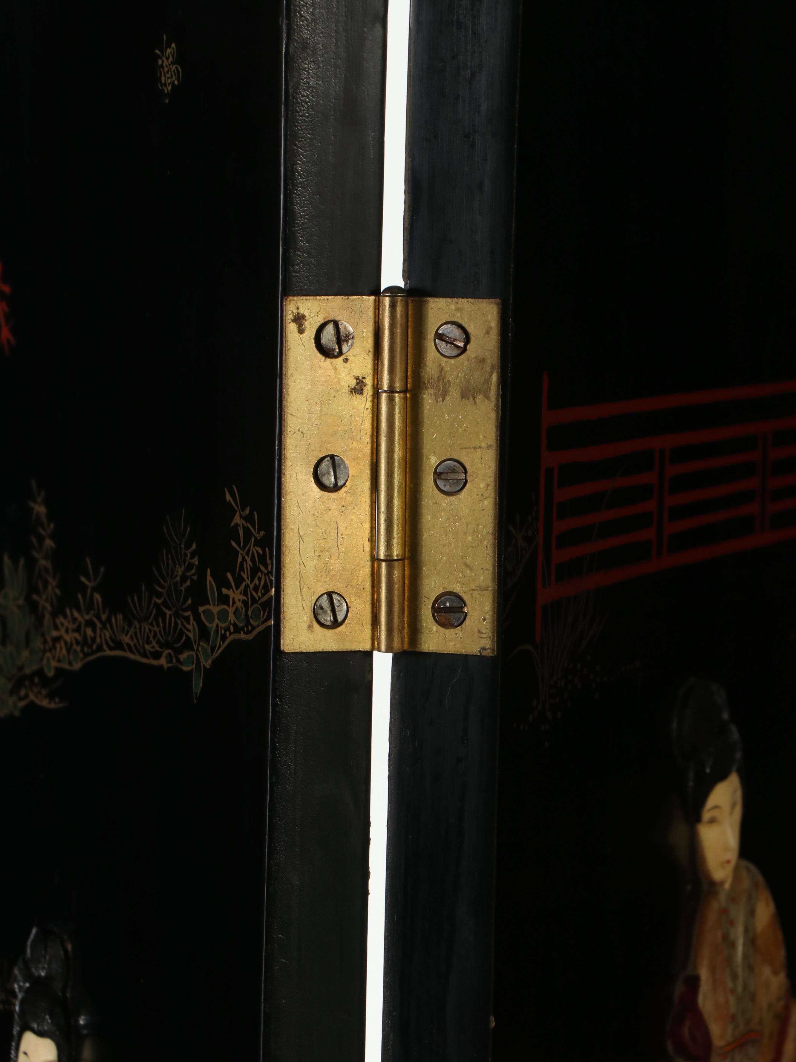 Chinese Lacquered Room Divider, Hand-Painted and Applied Stone Genre Scenes