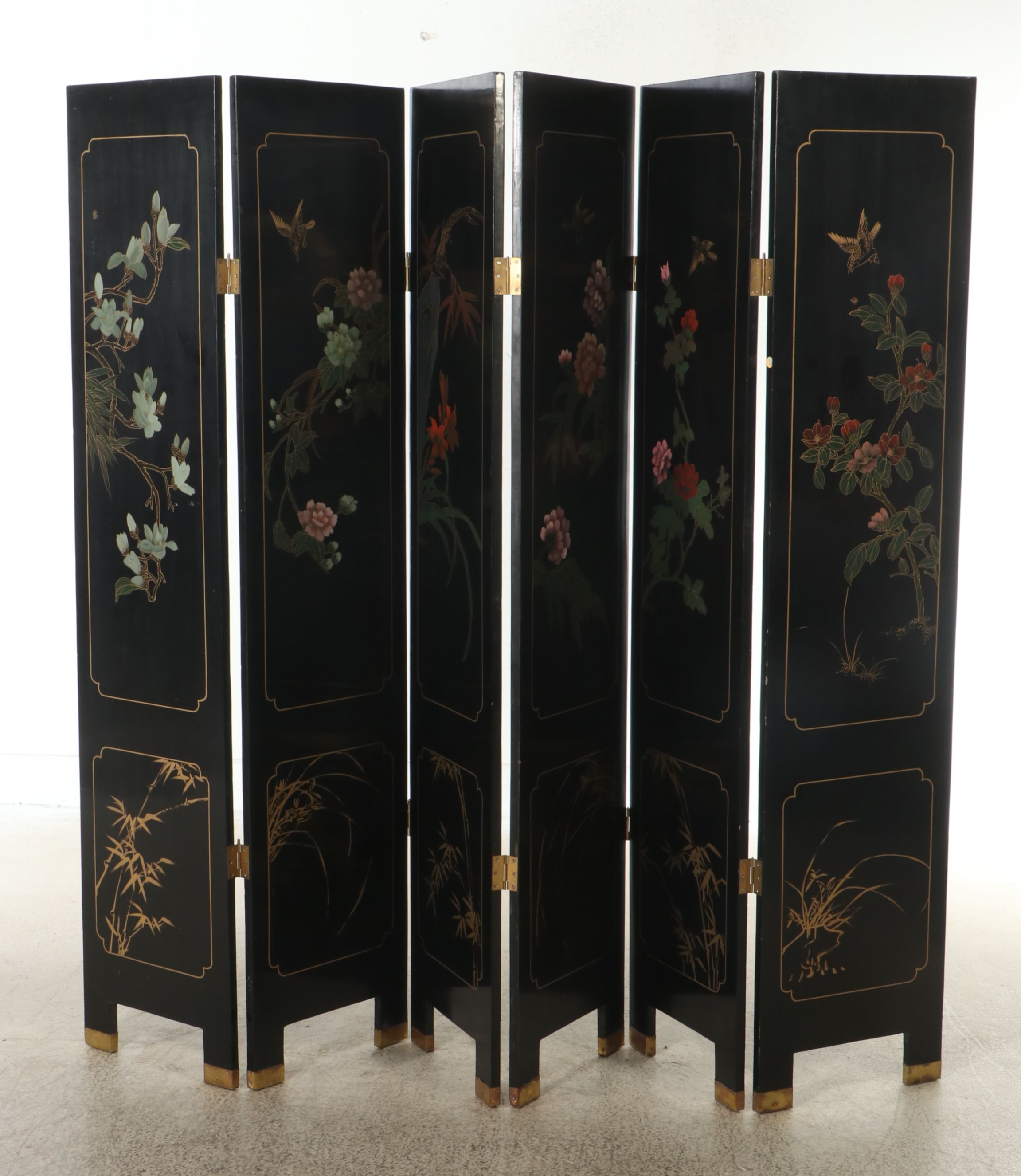 Chinese Lacquered Room Divider, Hand-Painted and Applied Stone Genre Scenes
