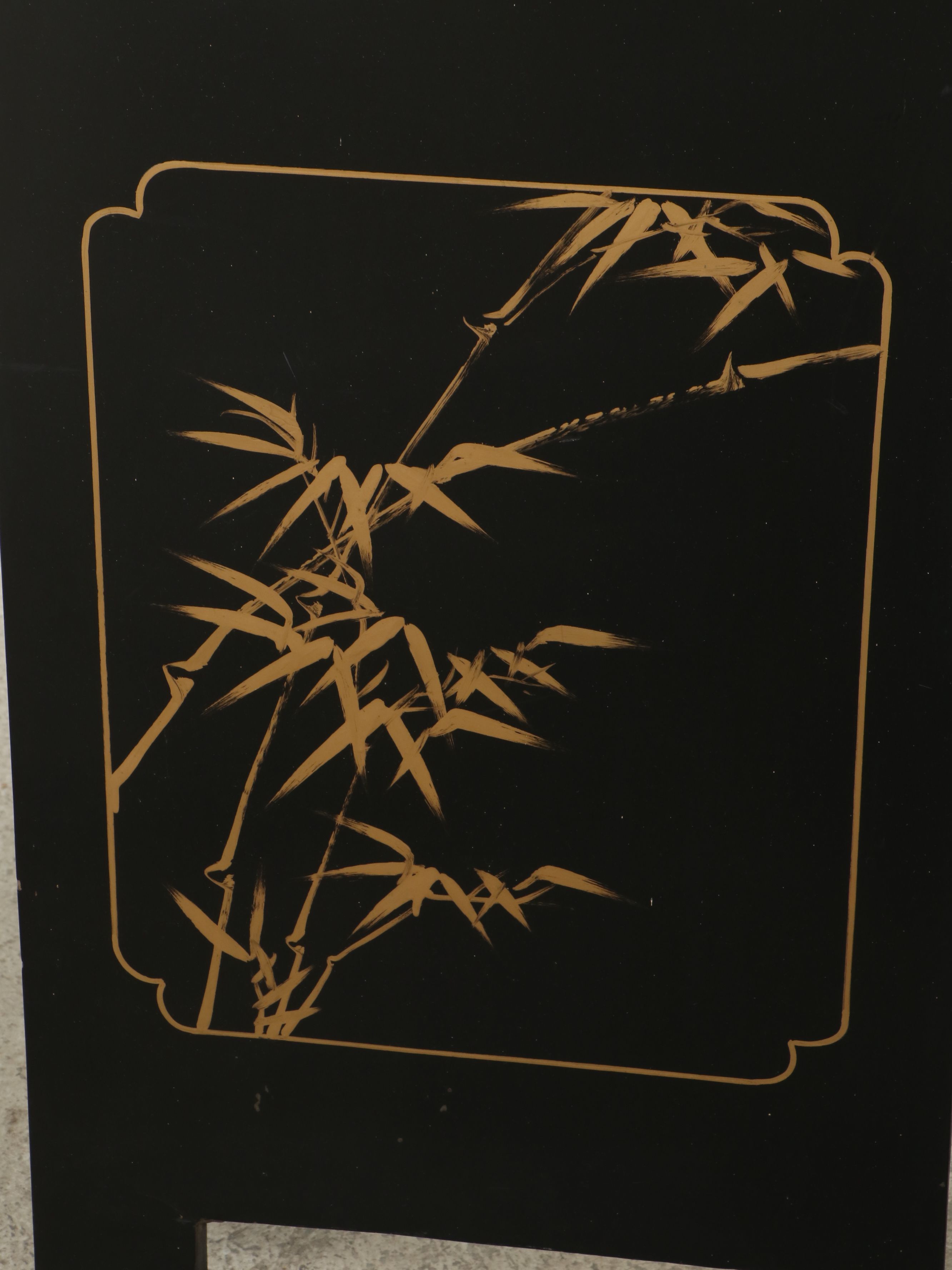 Chinese Lacquered Room Divider, Hand-Painted and Applied Stone Genre Scenes