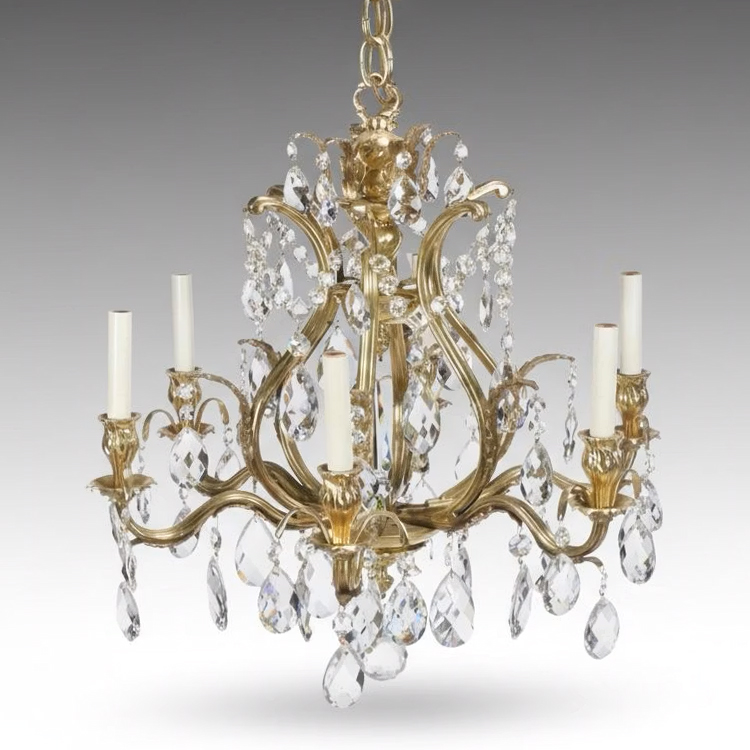 Baroque Style Six-Arm Gilt Finish Crystal Chandelier