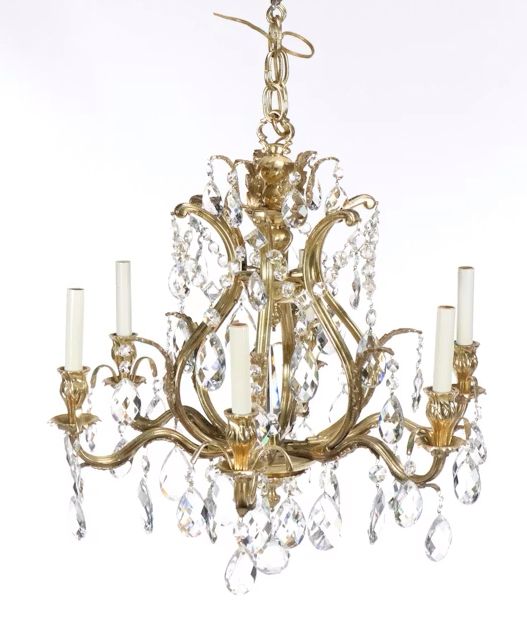 Baroque Style Six-Arm Gilt Finish Crystal Chandelier