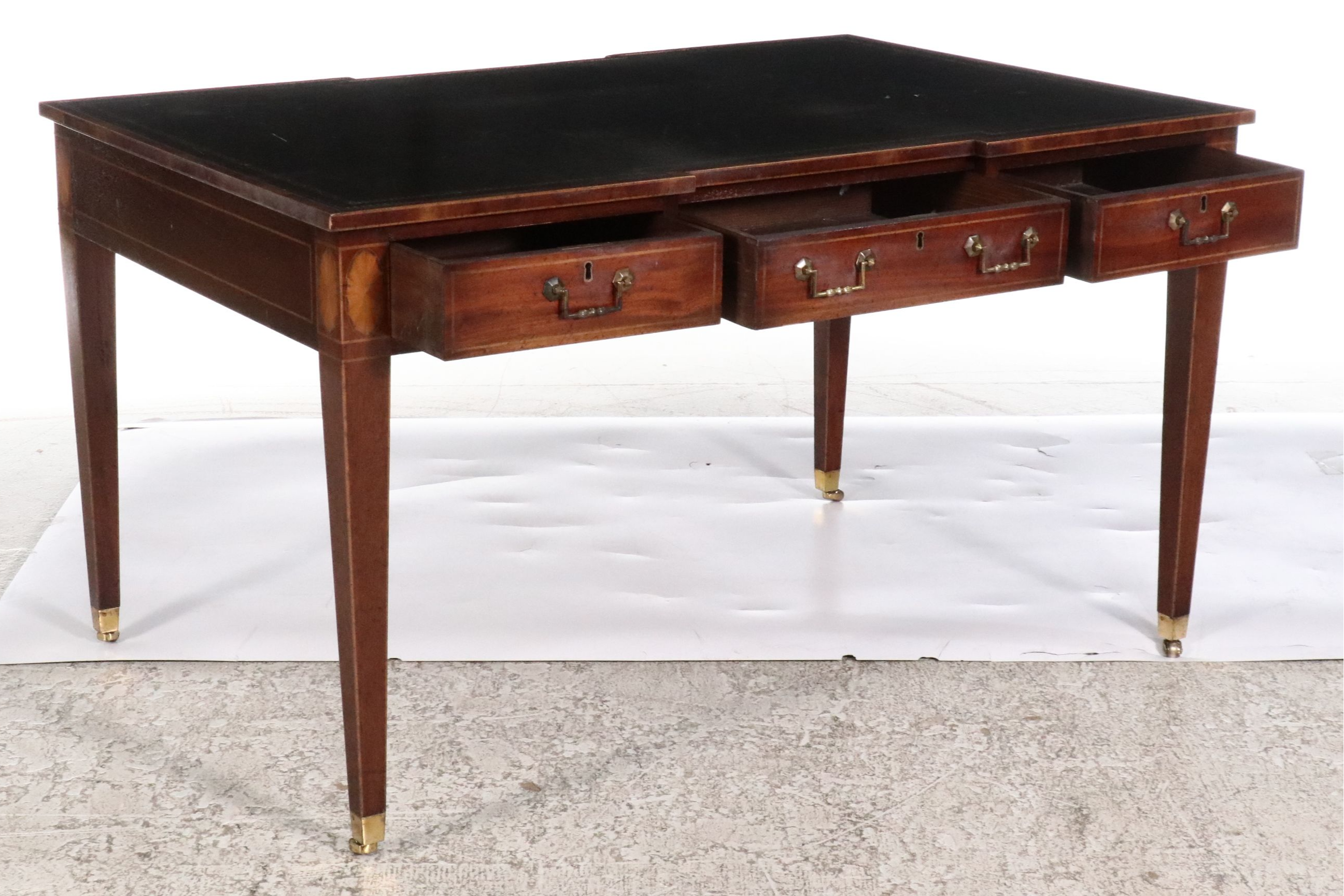 George III Inlaid Mahogany Tooled Leather Top Writing Table, 19th Century