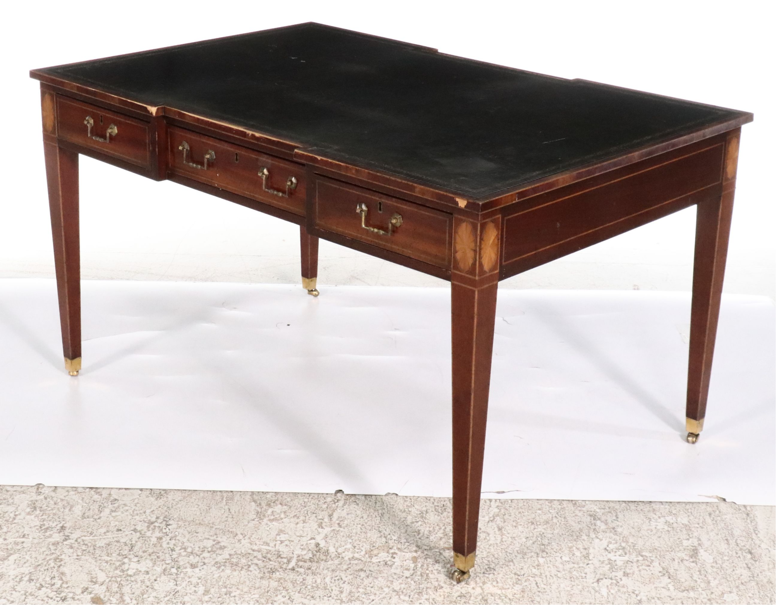 George III Inlaid Mahogany Tooled Leather Top Writing Table, 19th Century
