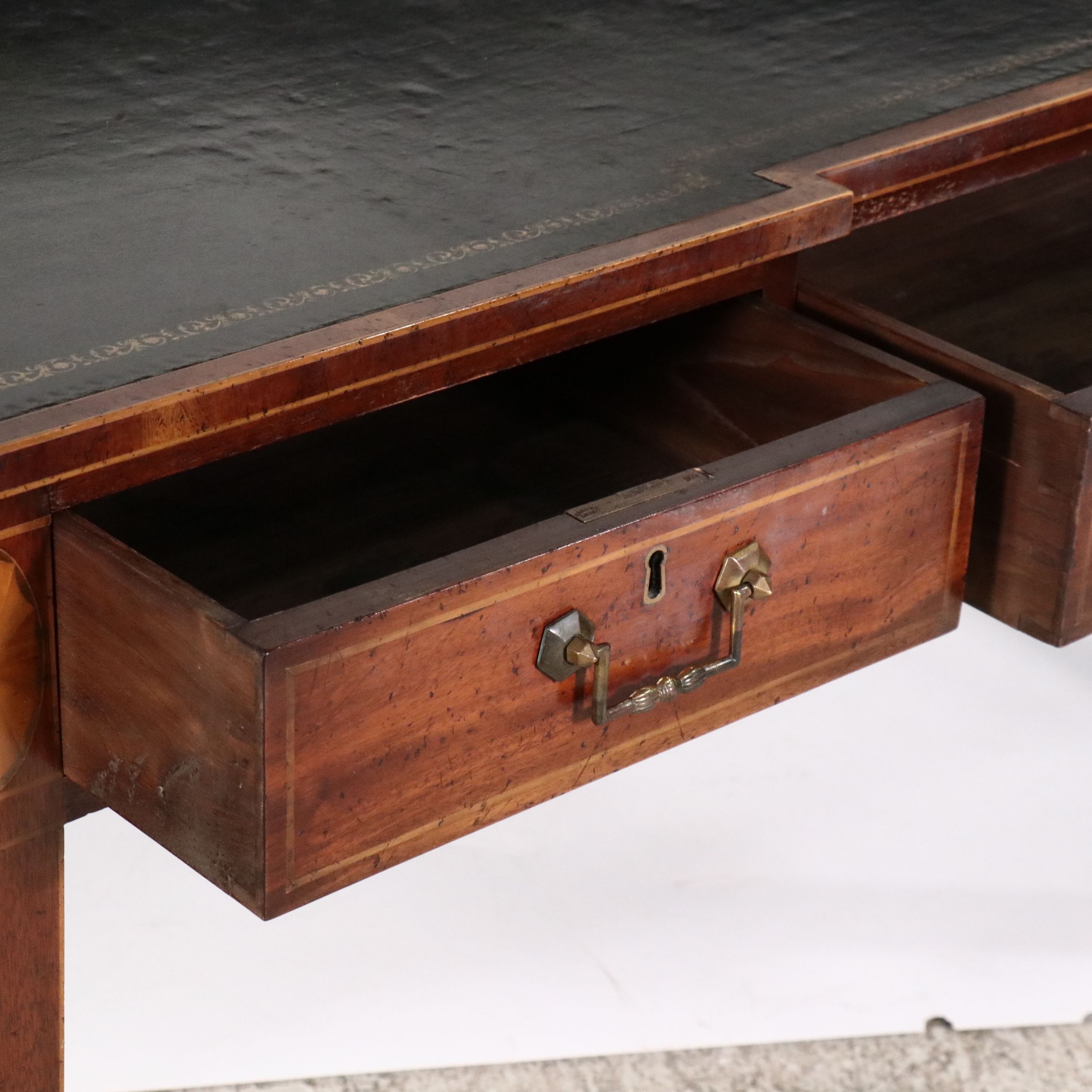 George III Inlaid Mahogany Tooled Leather Top Writing Table, 19th Century