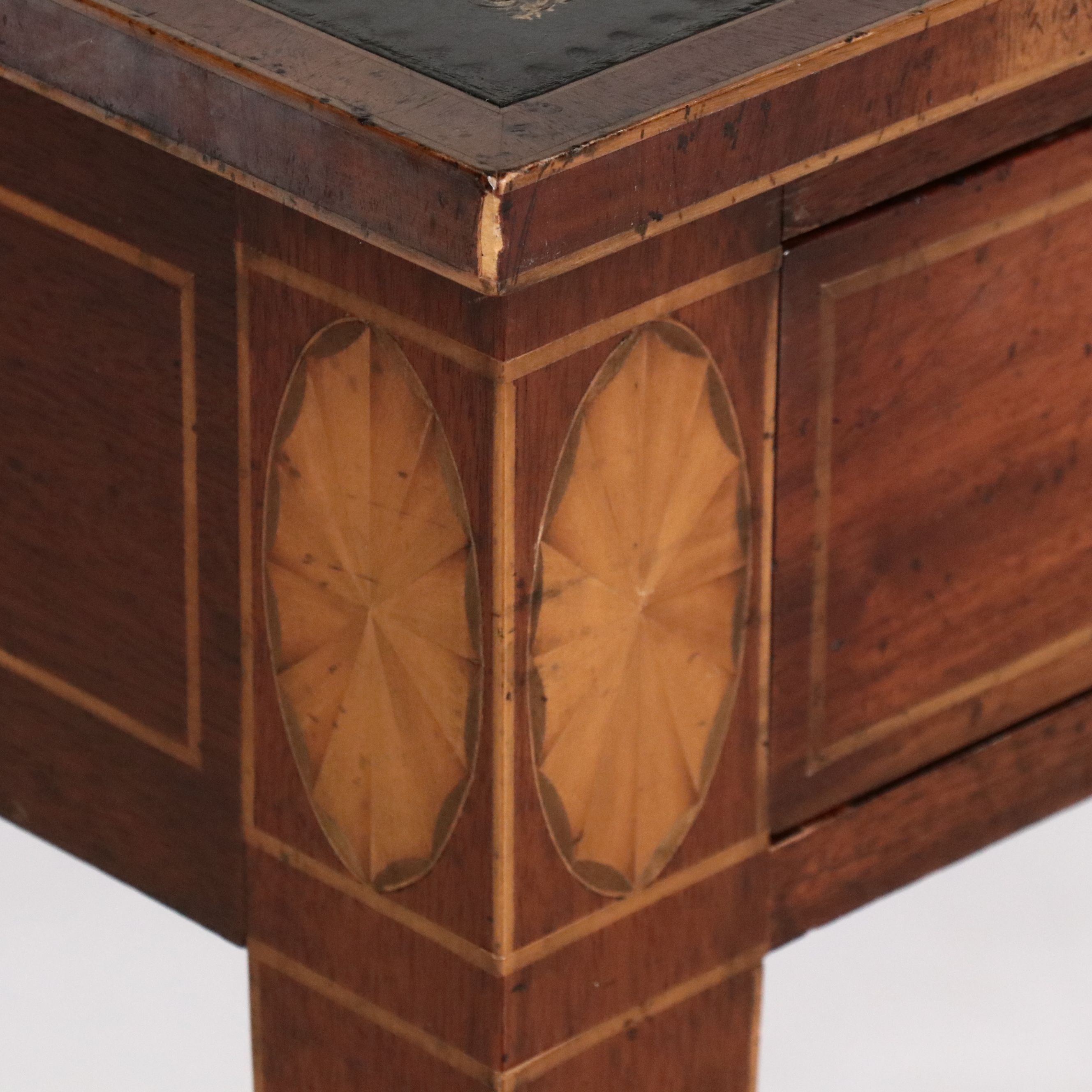 George III Inlaid Mahogany Tooled Leather Top Writing Table, 19th Century