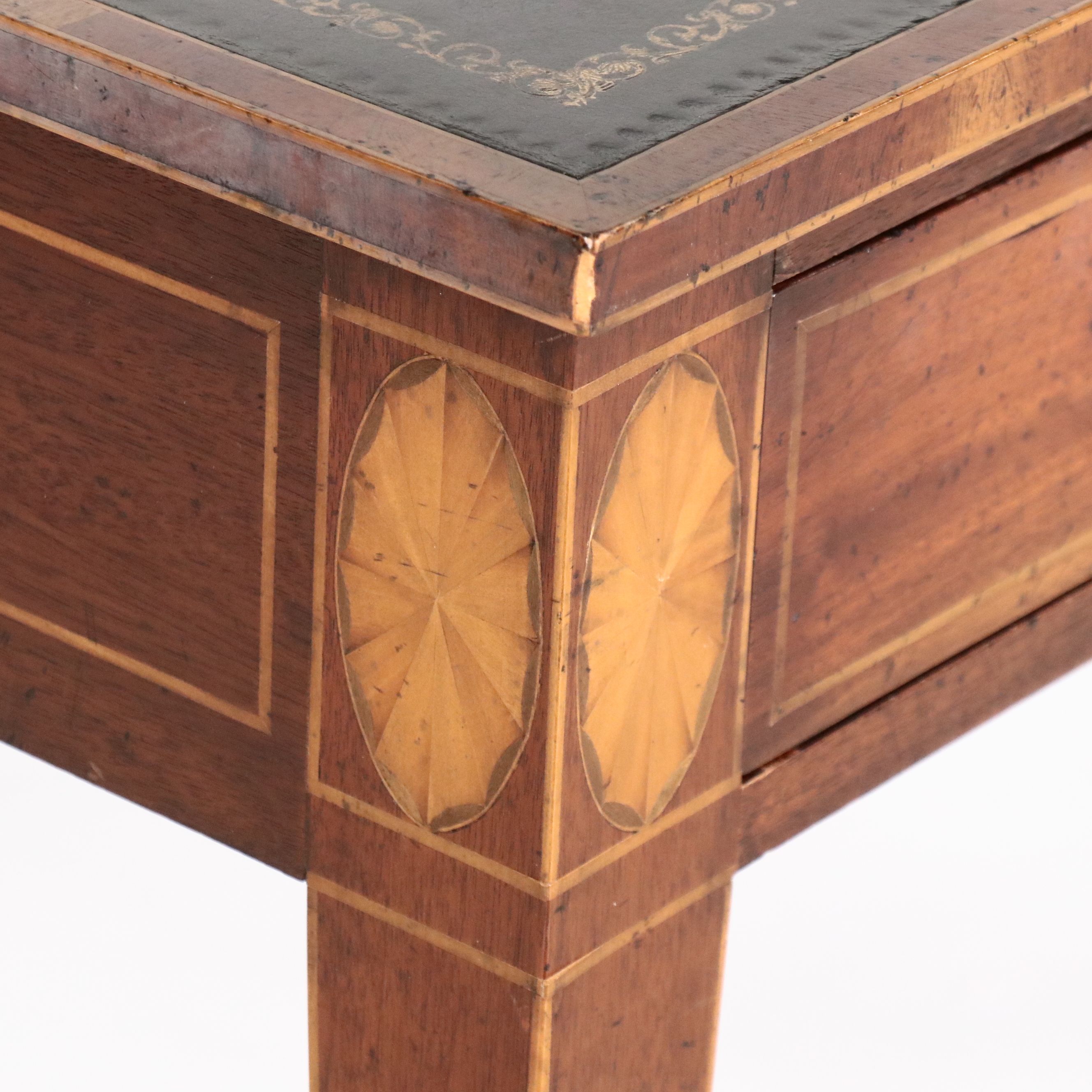 George III Inlaid Mahogany Tooled Leather Top Writing Table, 19th Century