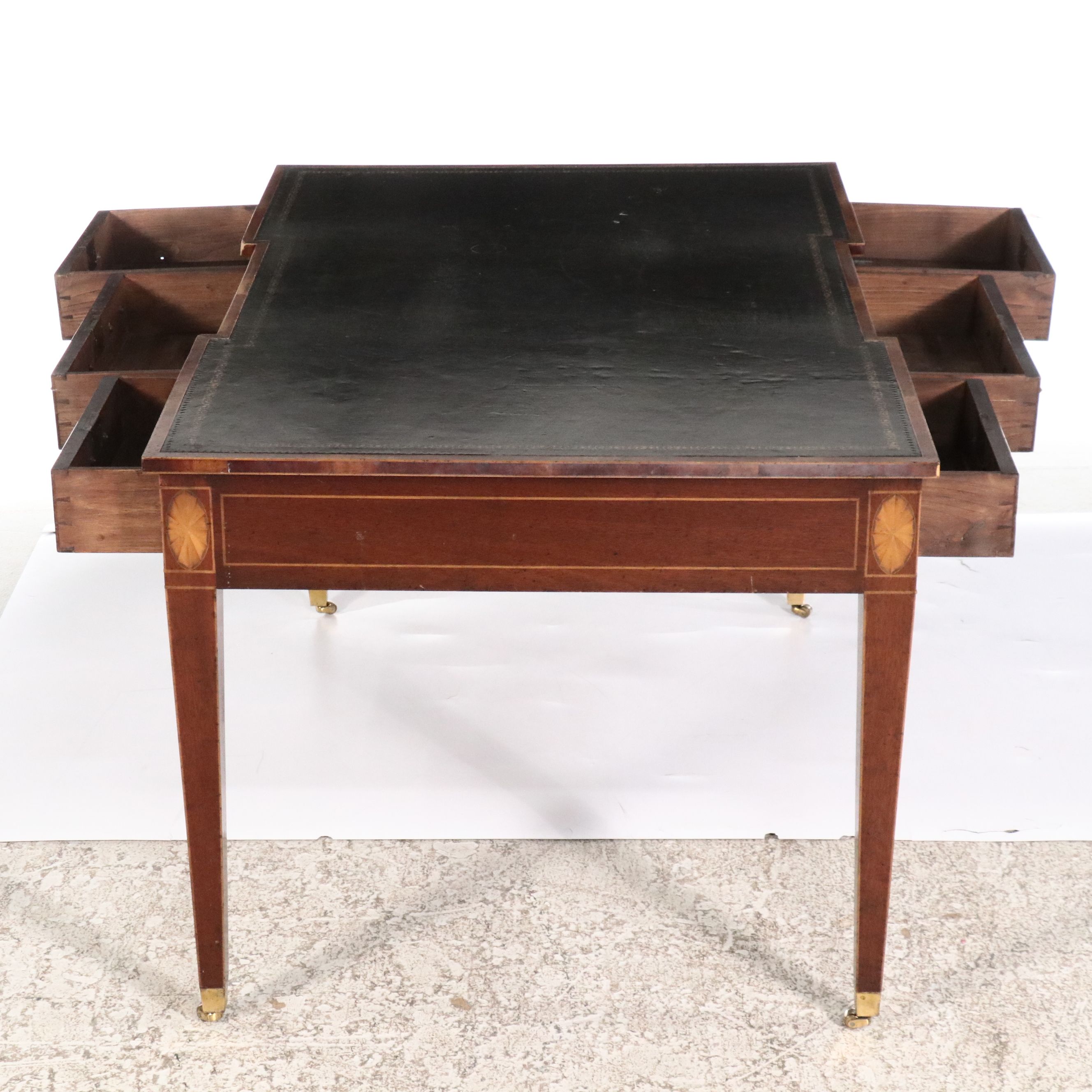 George III Inlaid Mahogany Tooled Leather Top Writing Table, 19th Century
