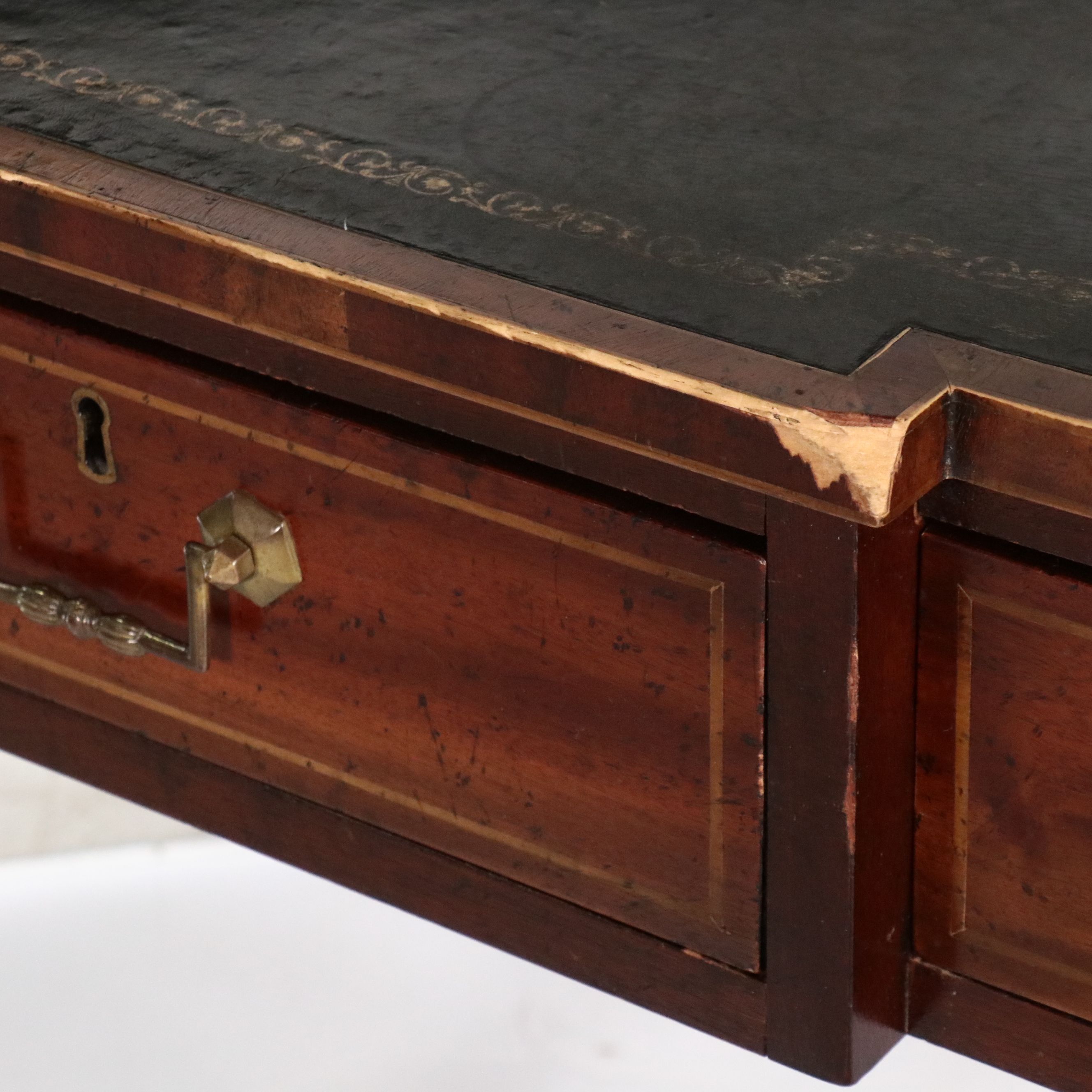 George III Inlaid Mahogany Tooled Leather Top Writing Table, 19th Century