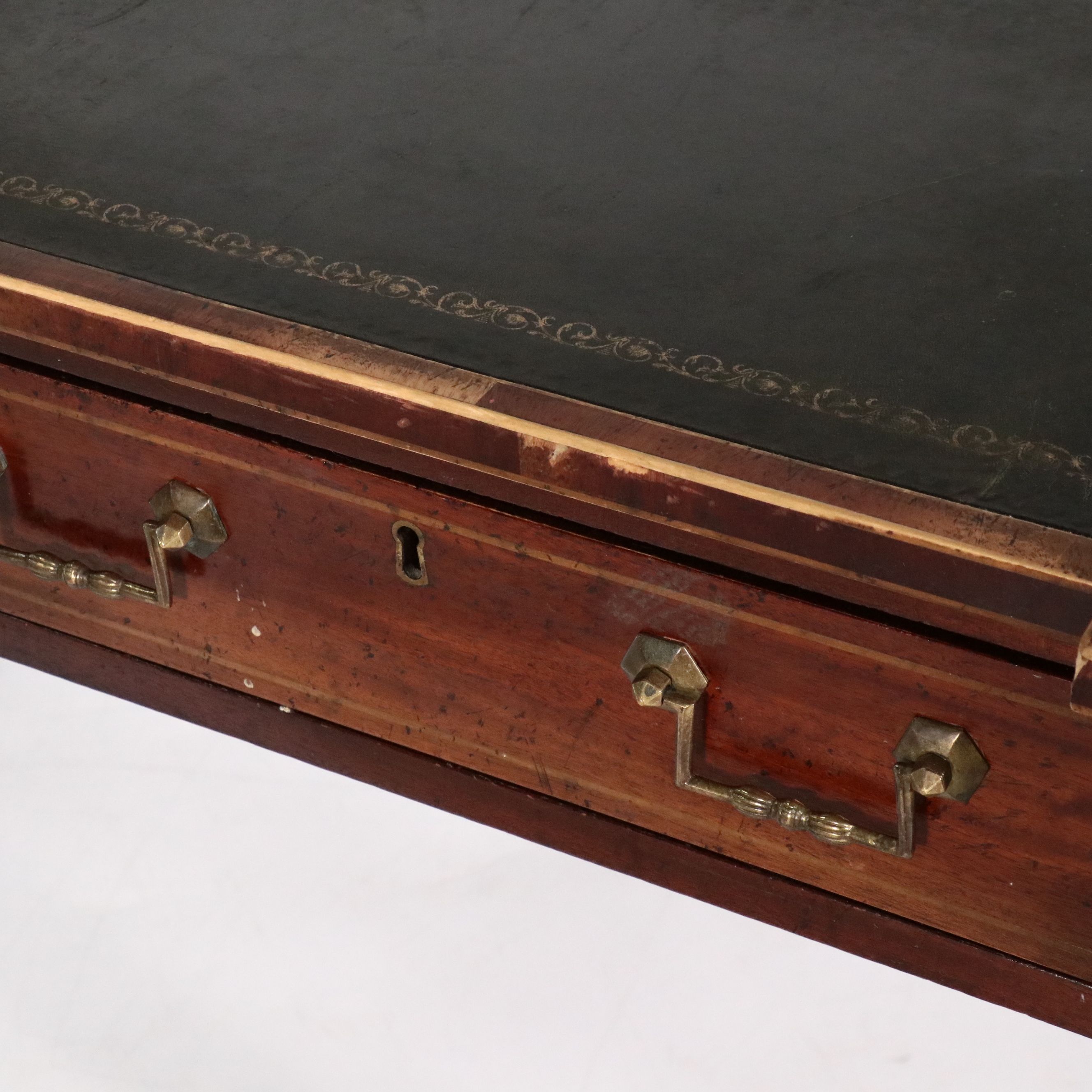 George III Inlaid Mahogany Tooled Leather Top Writing Table, 19th Century