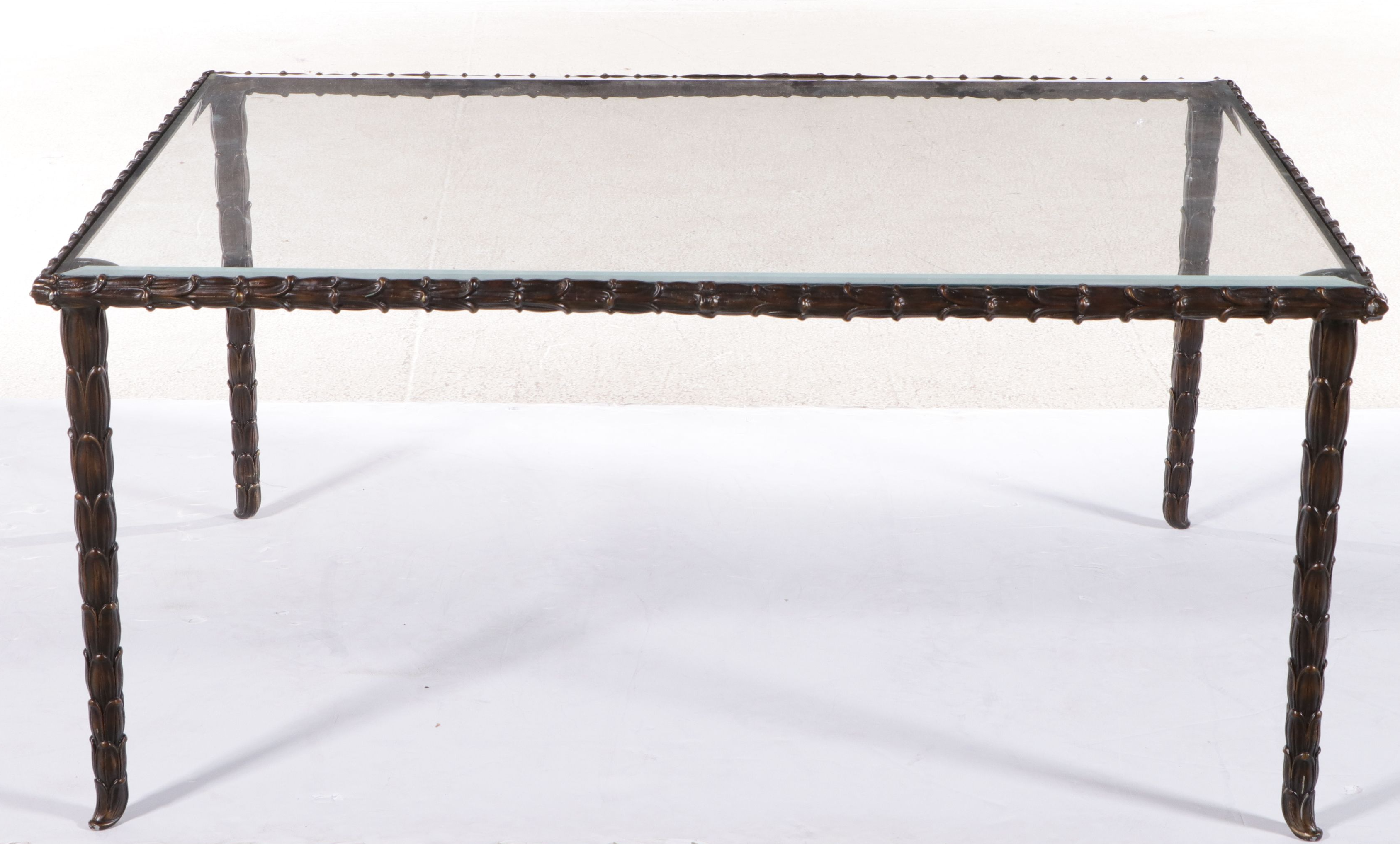 French Neoclassical Style Glass Top Coffee Table with Bronzed Metal Leaf Base