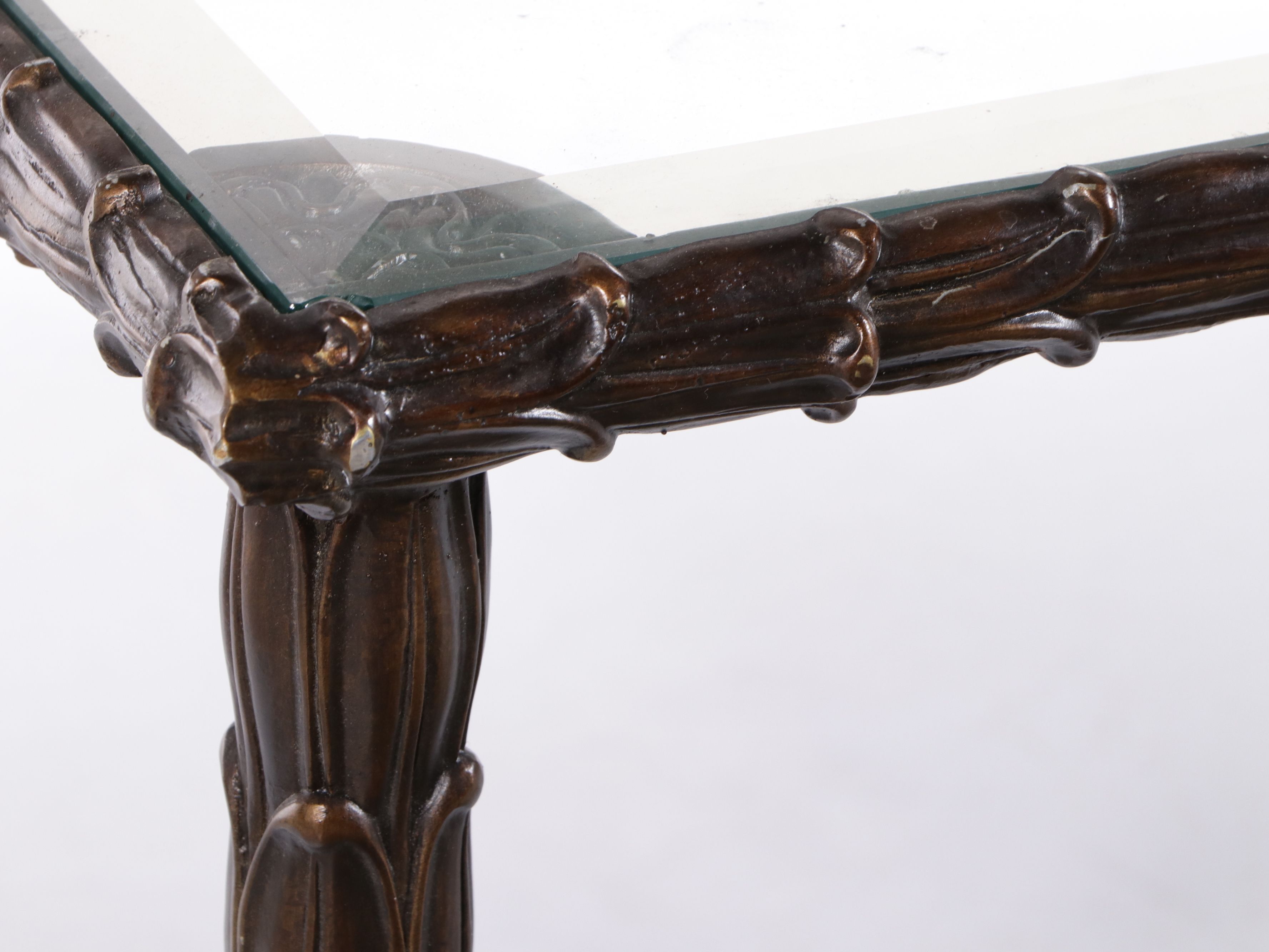 French Neoclassical Style Glass Top Coffee Table with Bronzed Metal Leaf Base