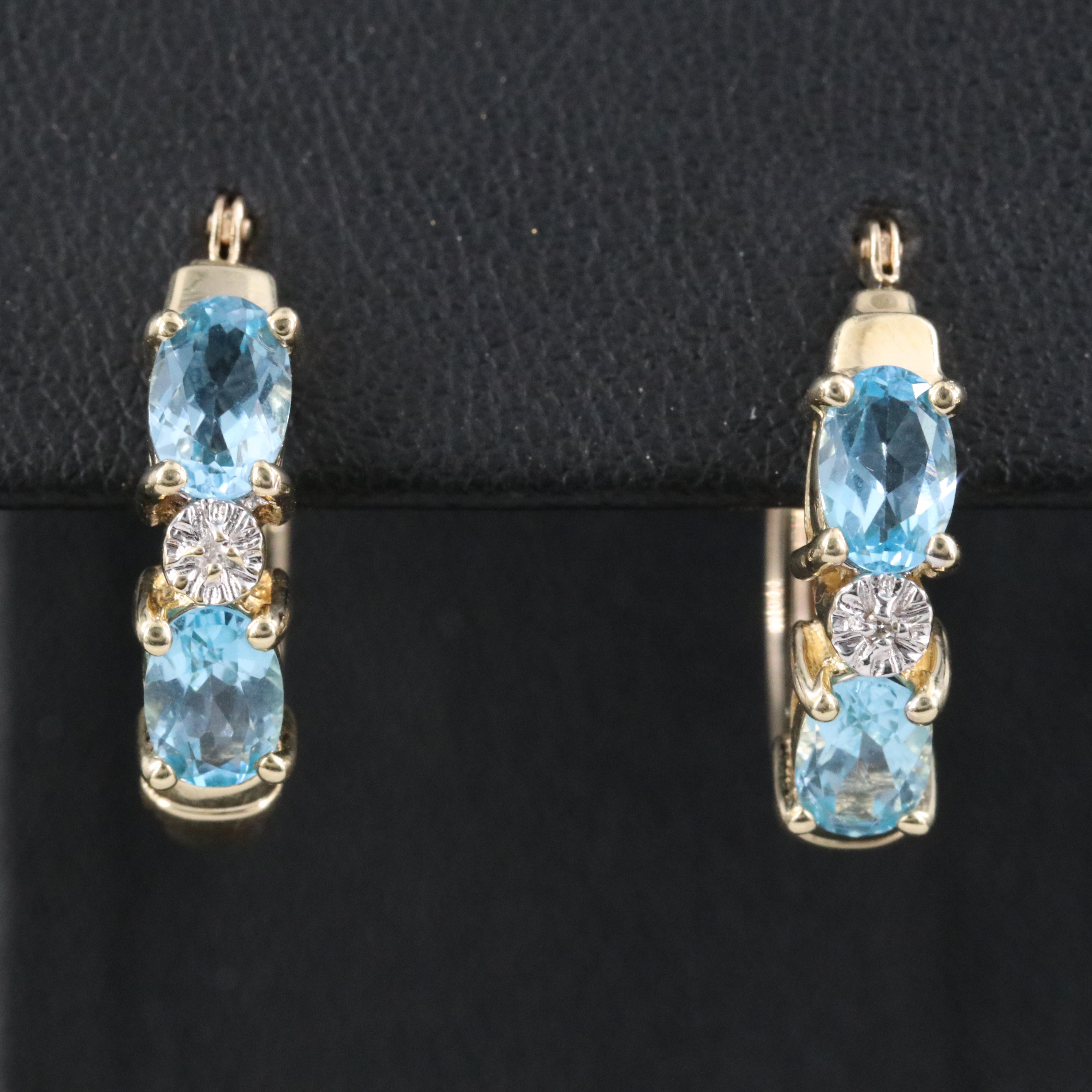 10K Swiss Blue Topaz and Diamond Hoop Earrings