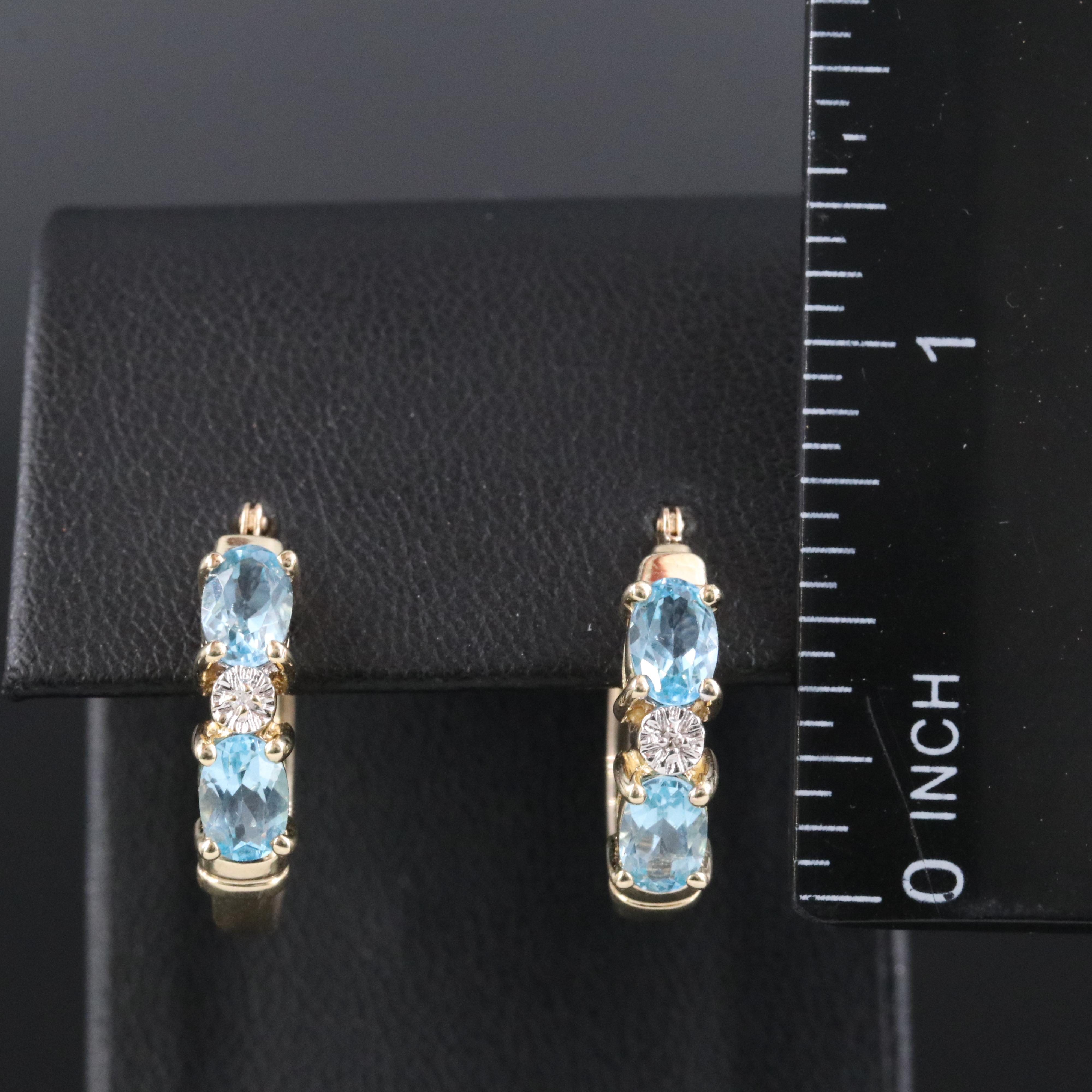 10K Swiss Blue Topaz and Diamond Hoop Earrings