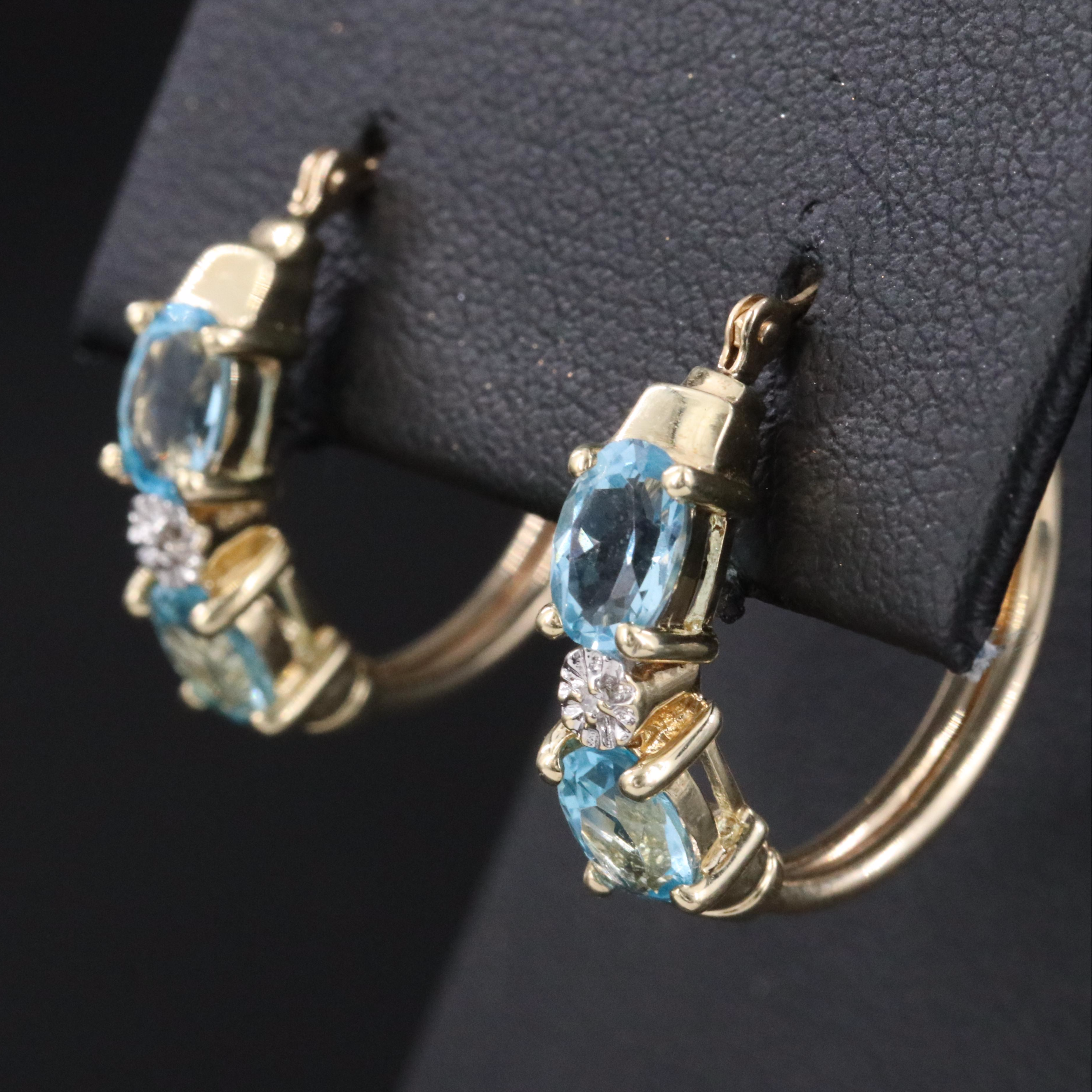 10K Swiss Blue Topaz and Diamond Hoop Earrings