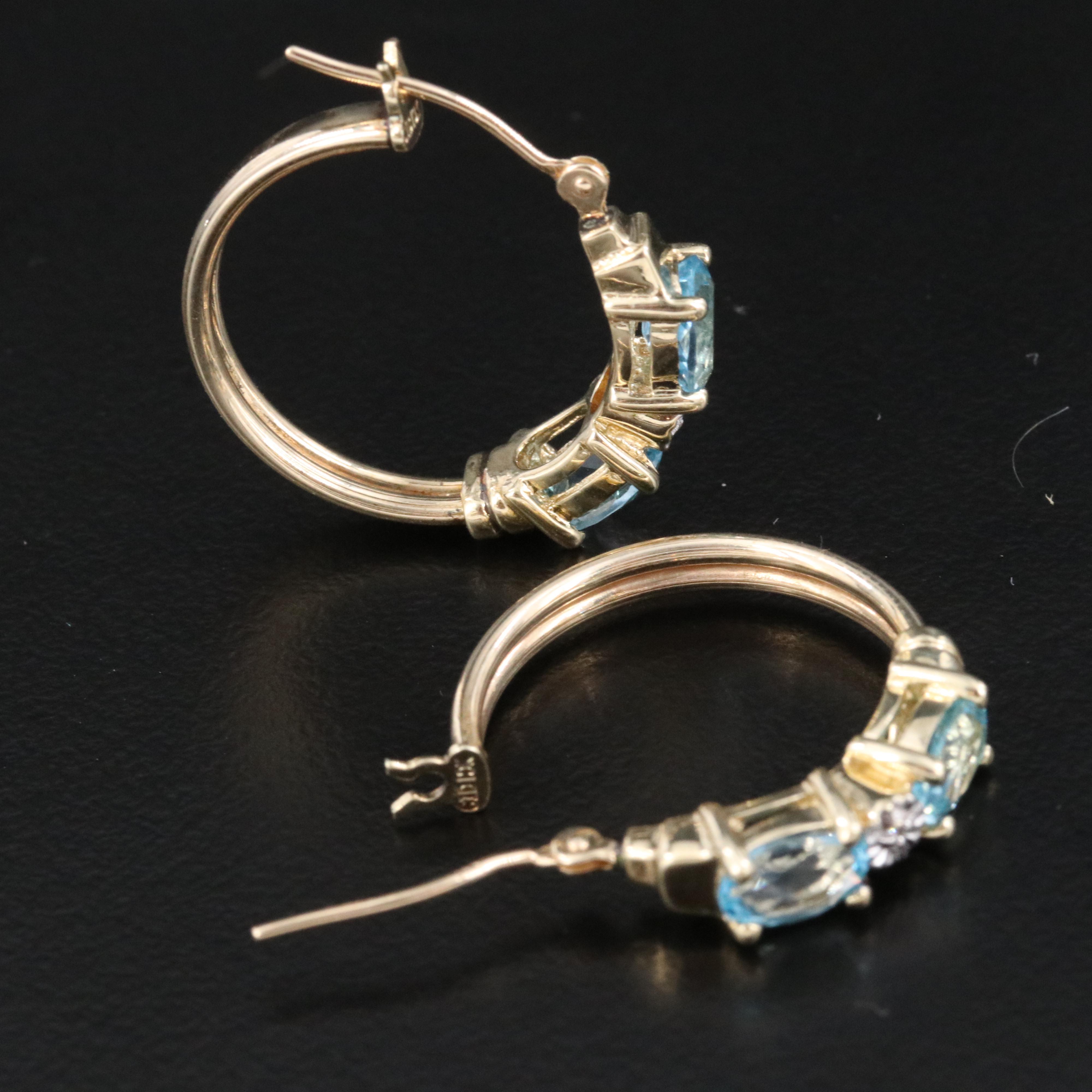10K Swiss Blue Topaz and Diamond Hoop Earrings