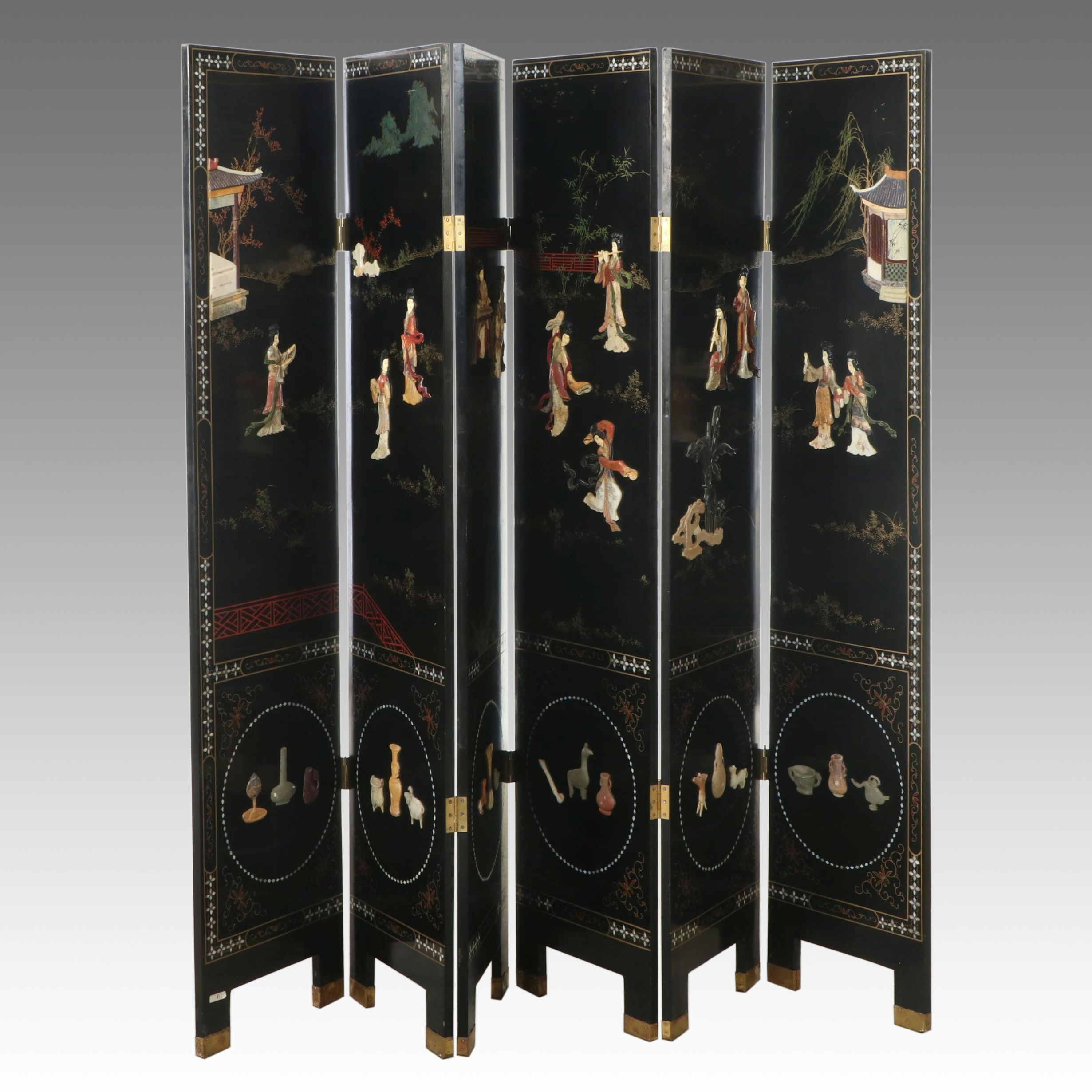 Chinese Lacquered Room Divider, Hand-Painted and Applied Stone Genre Scenes