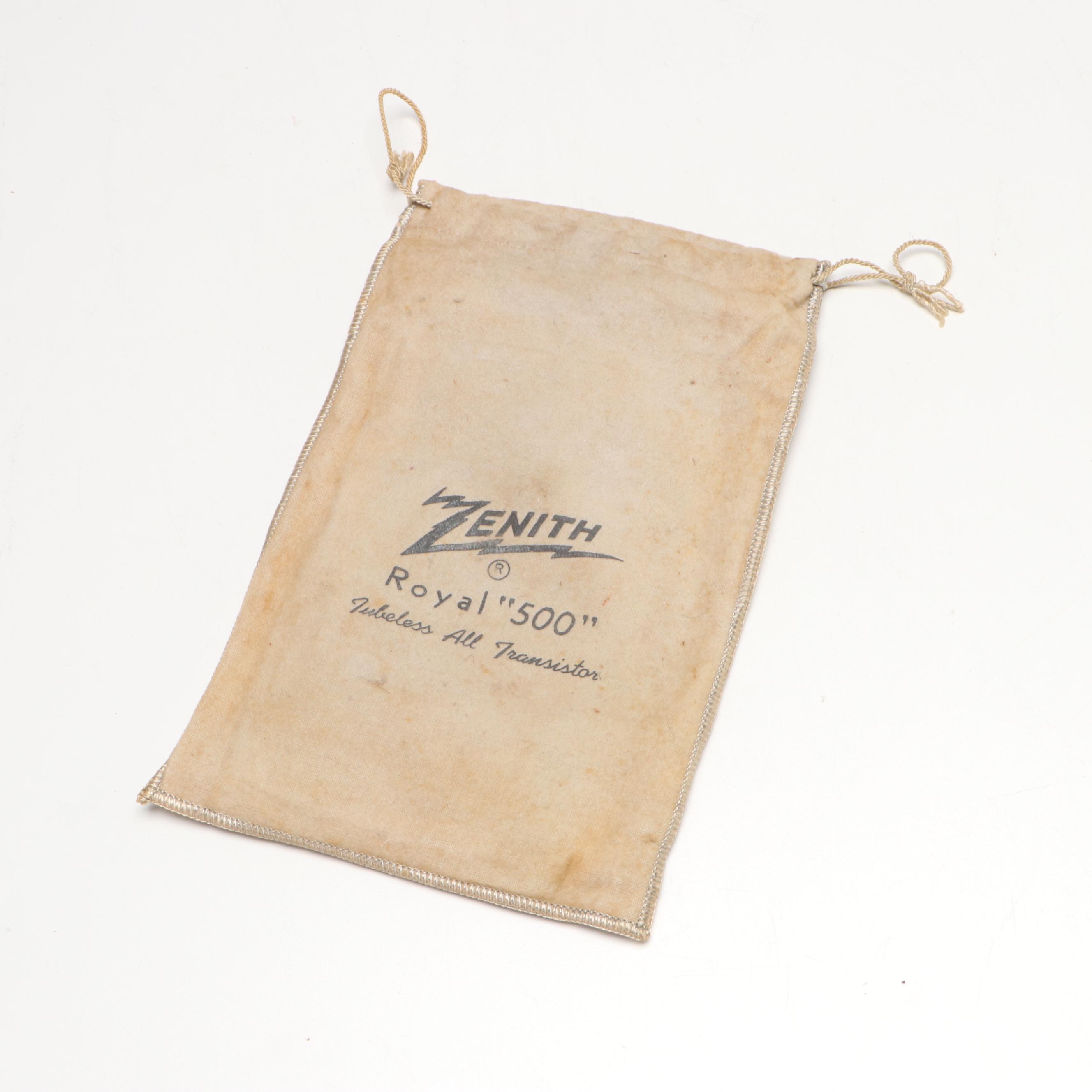 Zenith "Royal 500" Nylon Transistor Radio with Leather Case, Mid-20th Century