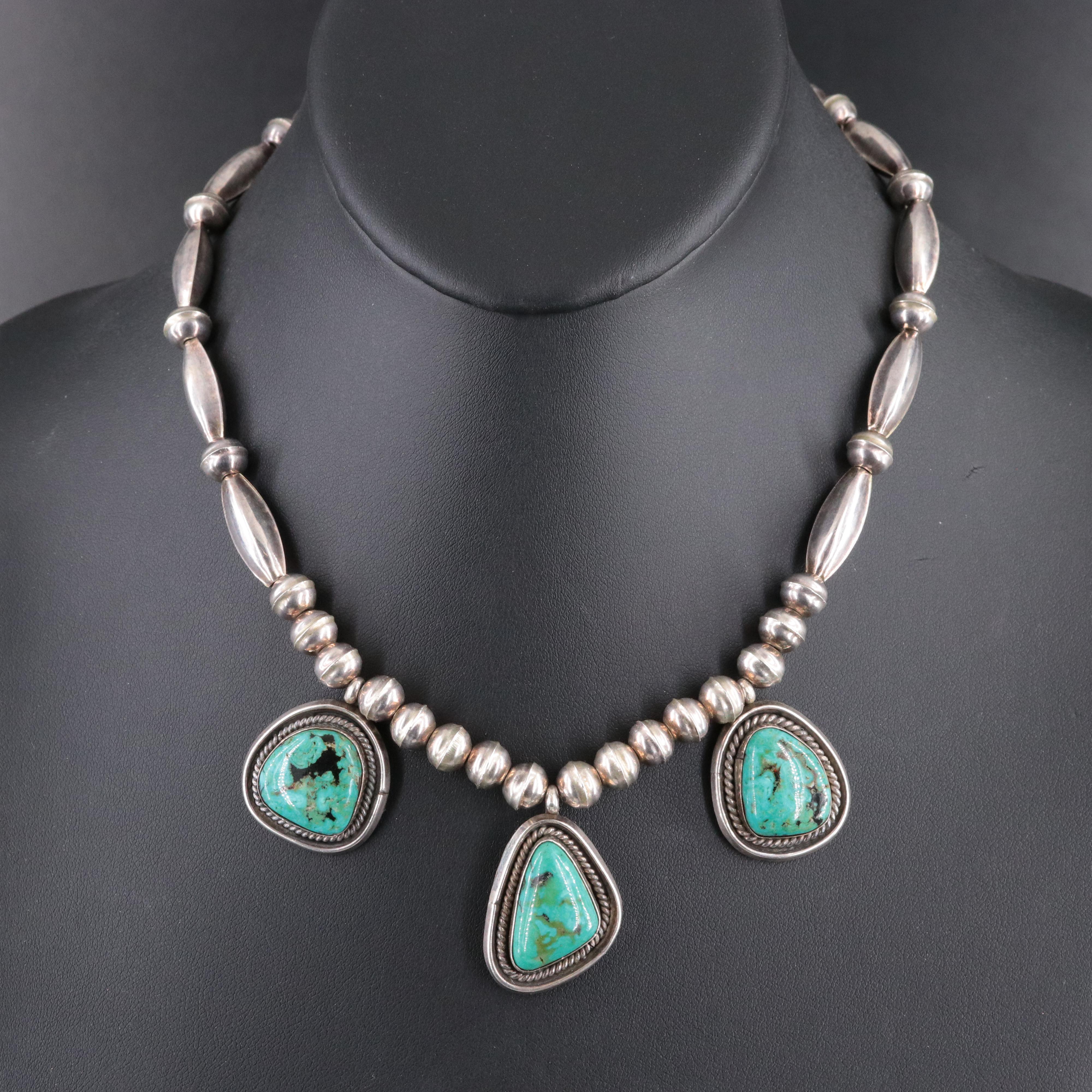 Southwestern Sterling and Turquoise Three Stone Necklace