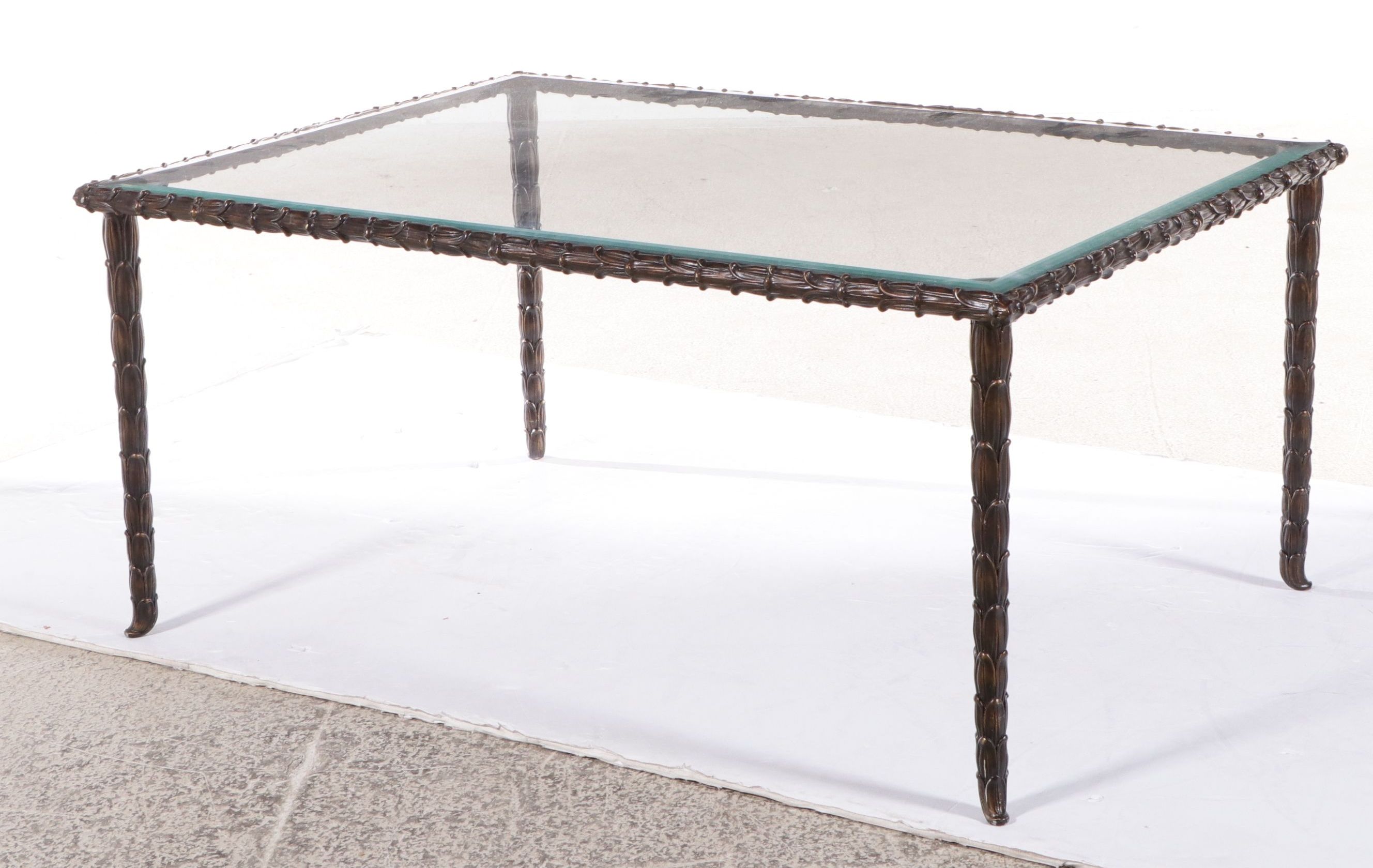 French Neoclassical Style Glass Top Coffee Table with Bronzed Metal Leaf Base