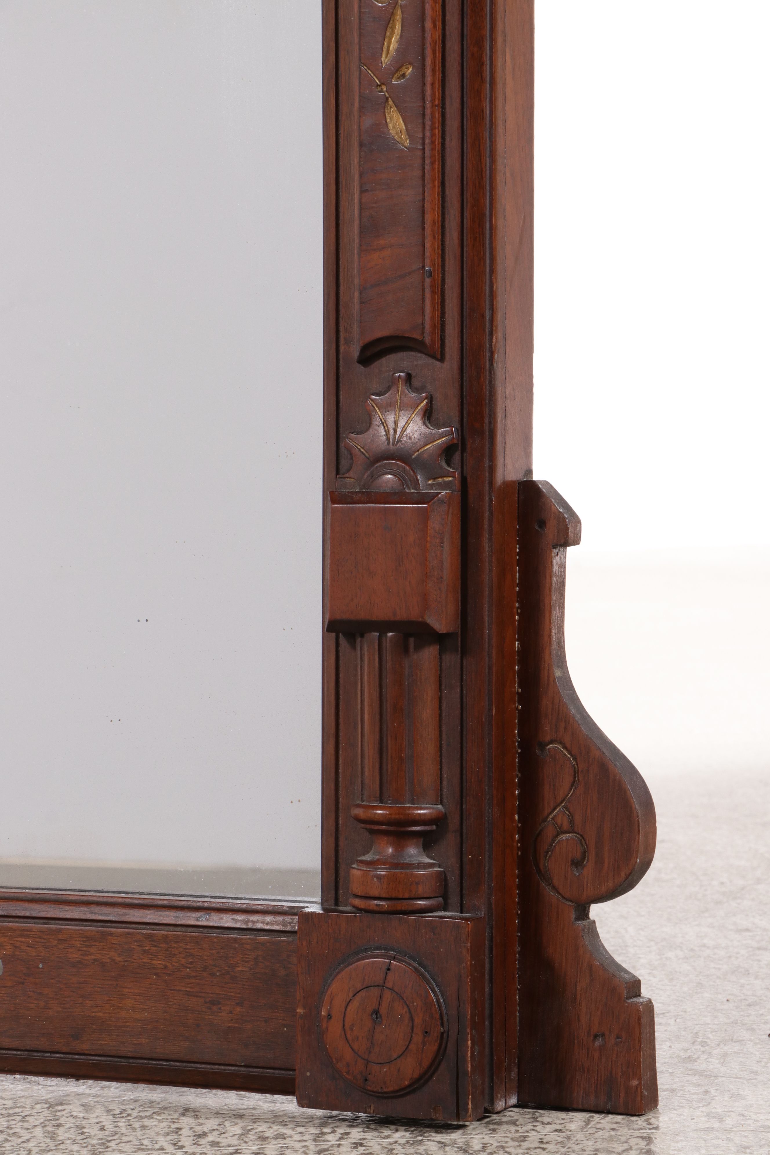 Eastlake Style Carved and Incised Walnut Overmantel Mirror
