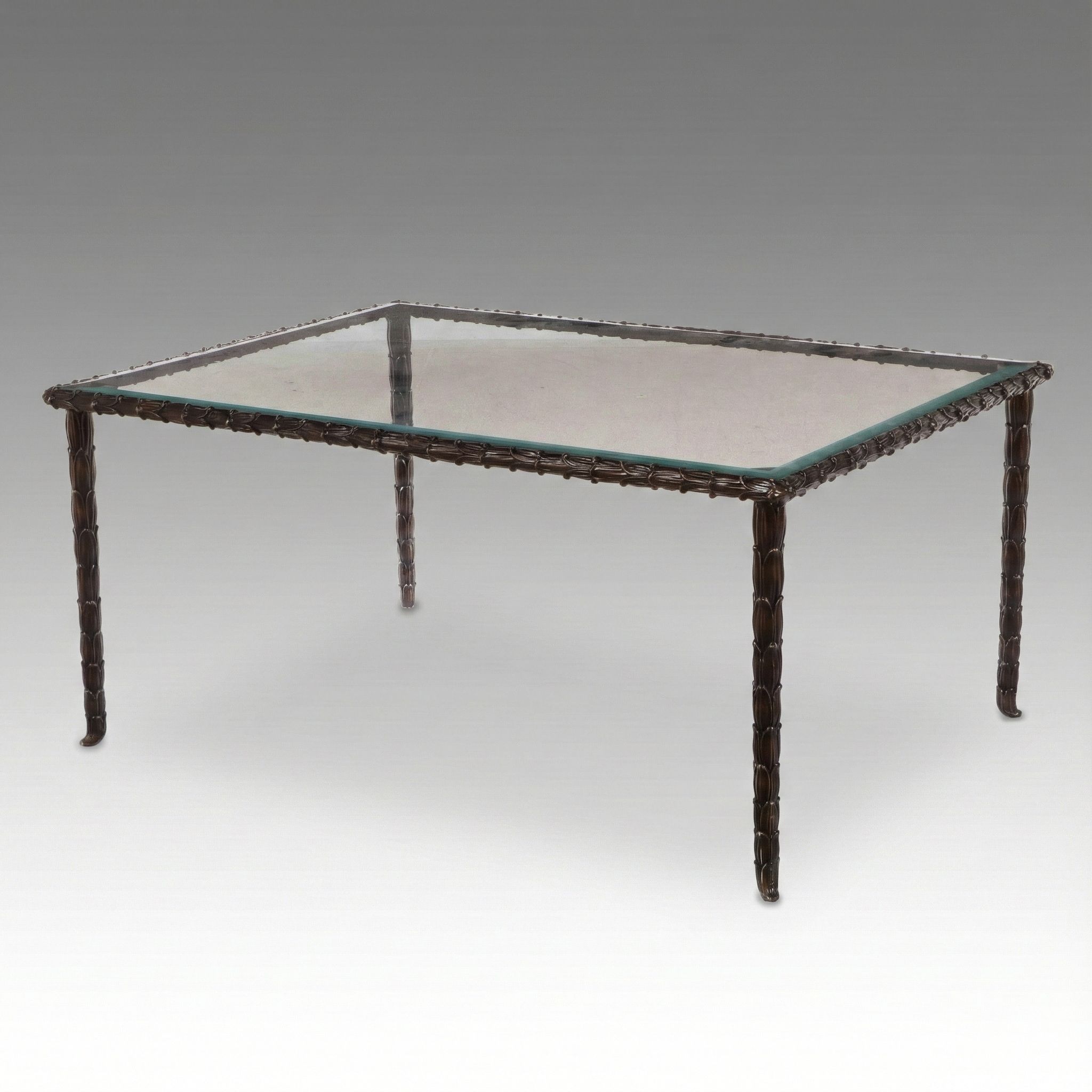 French Neoclassical Style Glass Top Coffee Table with Bronzed Metal Leaf Base