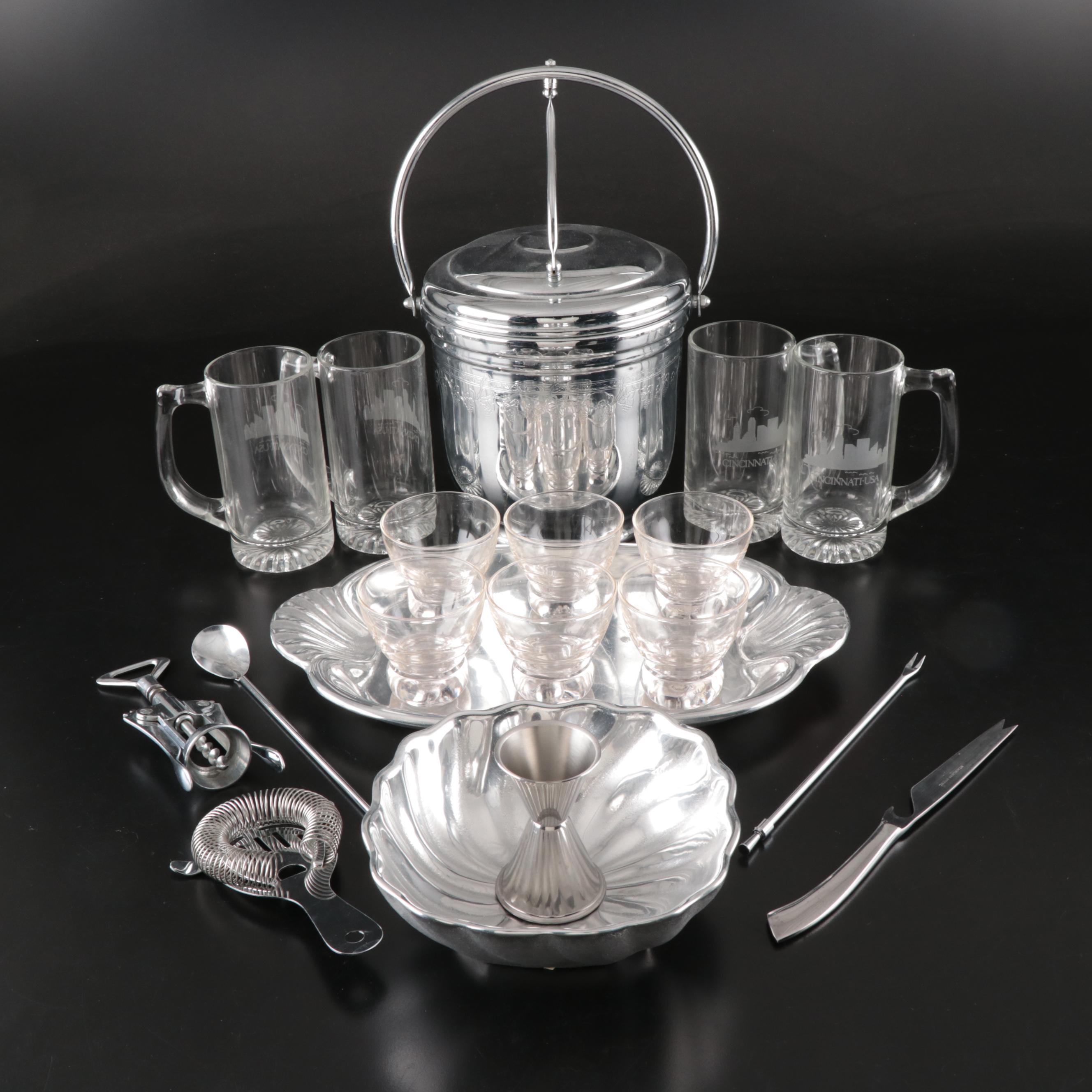 Wilton Armetale Stainless Steel Tray and Bowl with Other Metal and Glass Barware