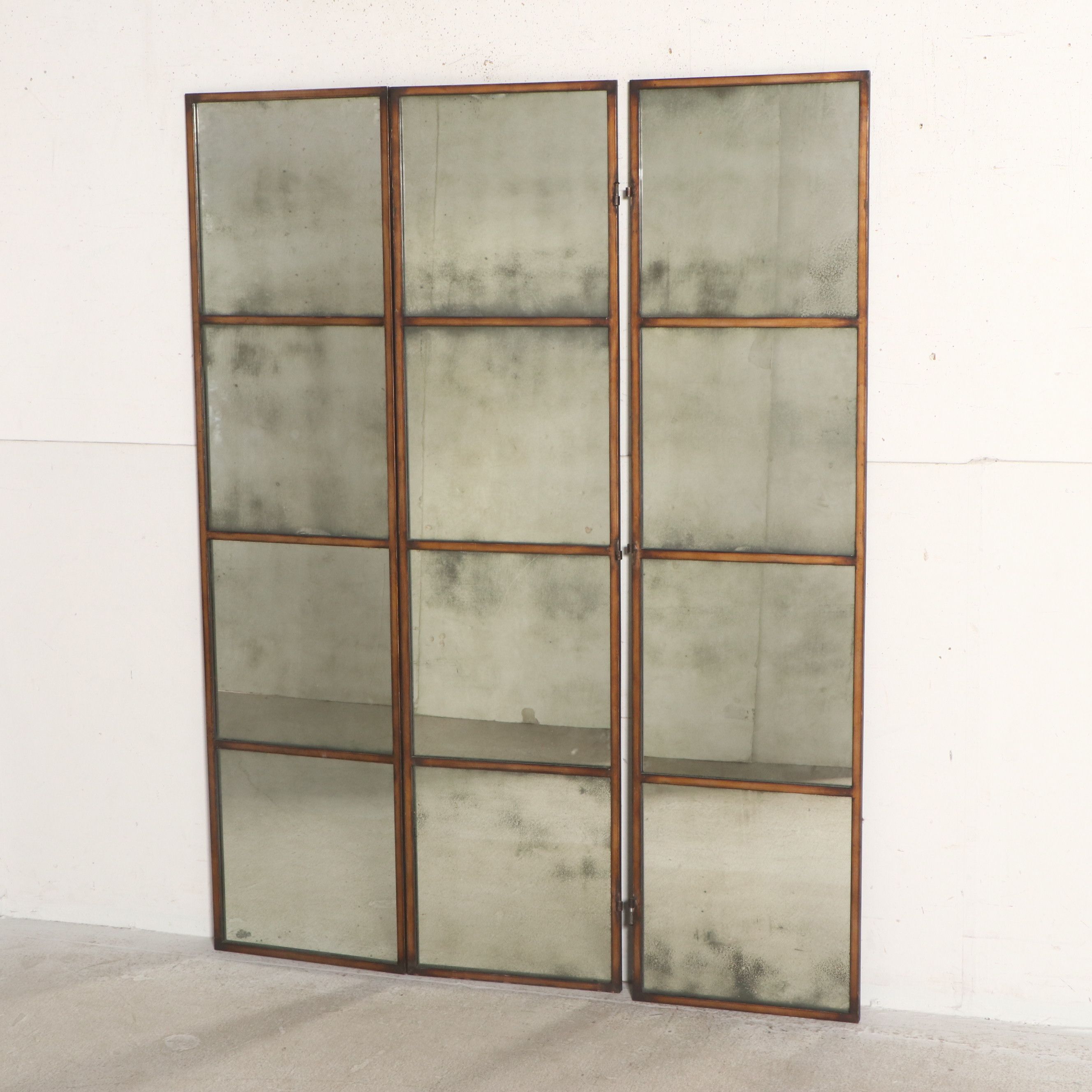 English Regency Style Three-Panel Metal Frame Antiqued Mirrored Screen